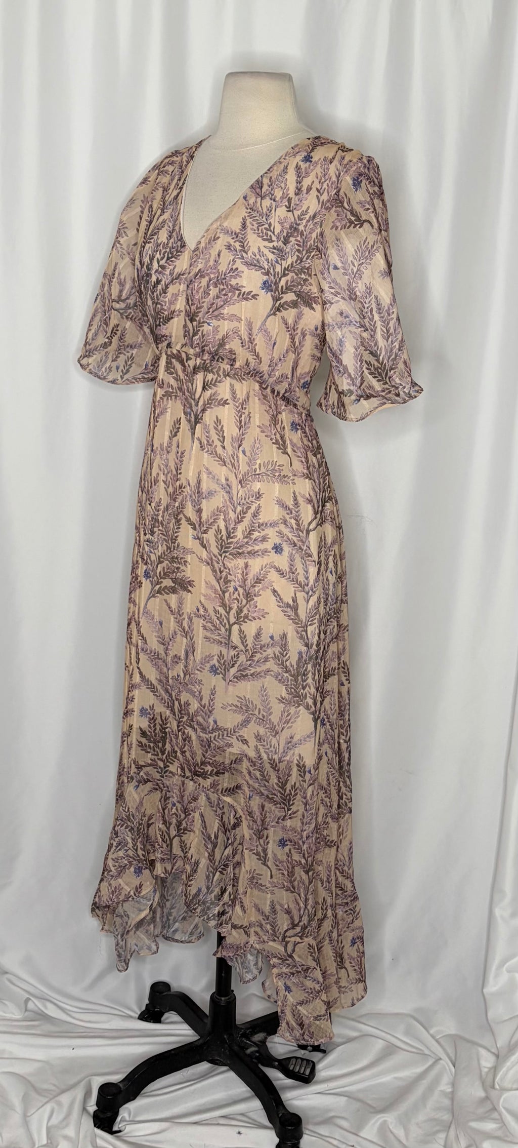 SUNDANCE Lilac Springs Floral Asymmetrical Ruffle Midi Dress Romantic Medium