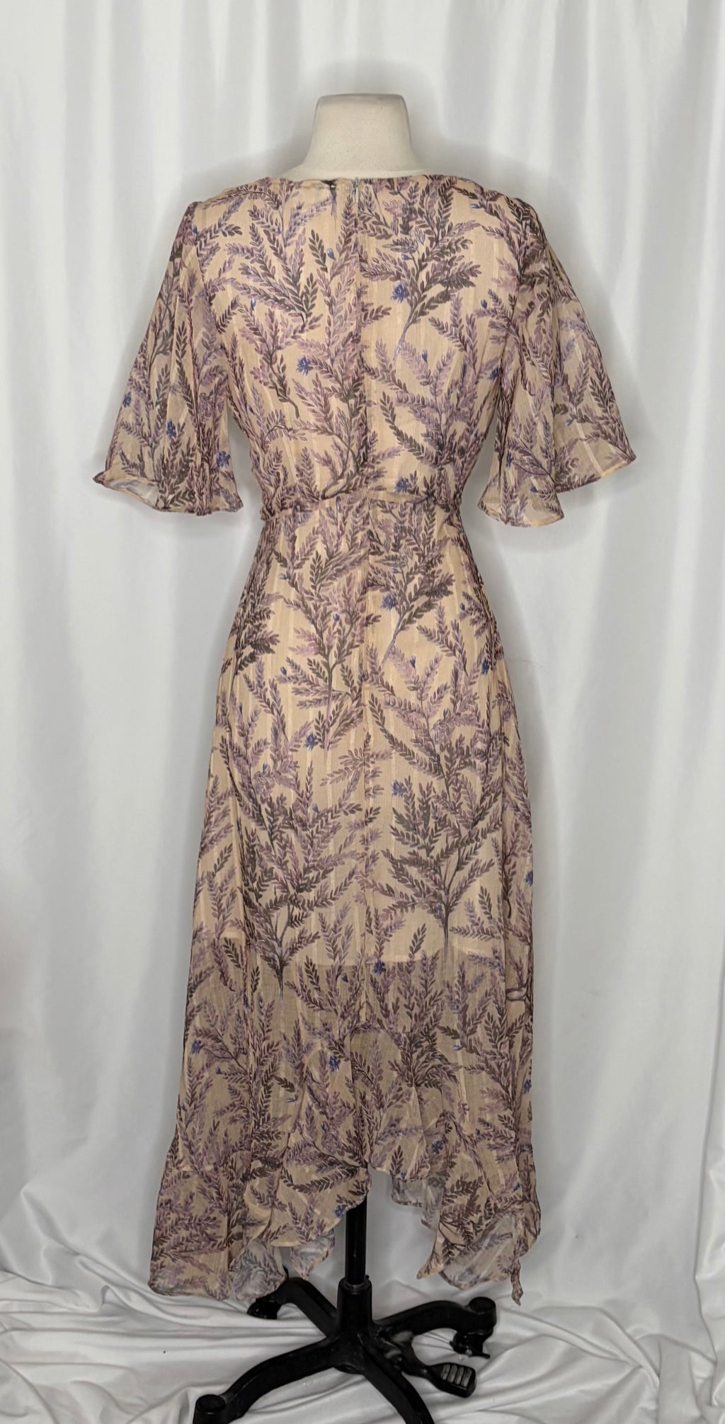 SUNDANCE Lilac Springs Floral Asymmetrical Ruffle Midi Dress Romantic Medium