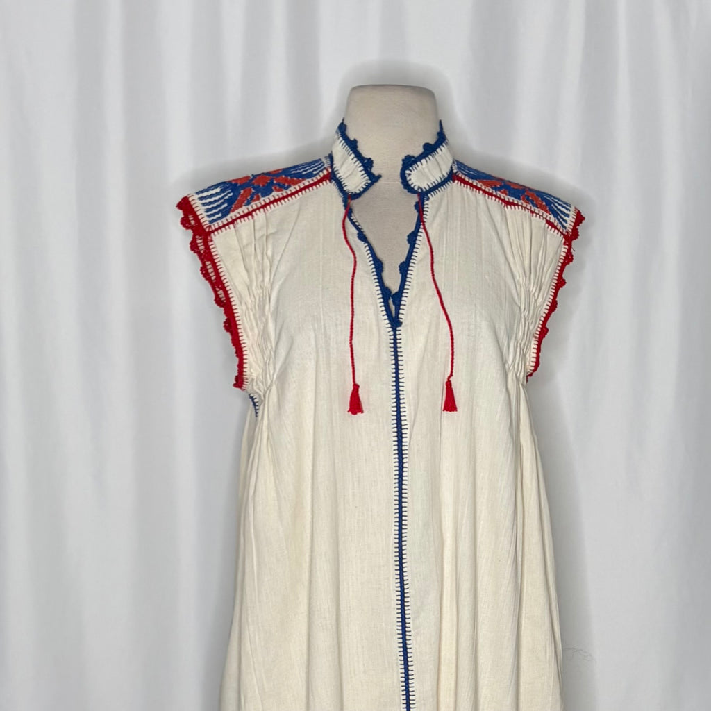 CAROLINA K Oaxaca Embroidered Crochet Tassel Mini Dress Bohemian Resort Medium
