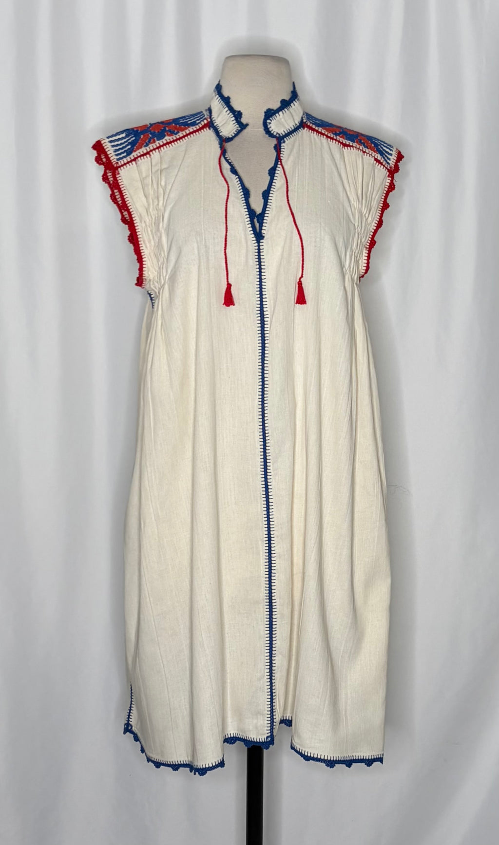 CAROLINA K Oaxaca Embroidered Crochet Tassel Mini Dress Bohemian Resort Medium