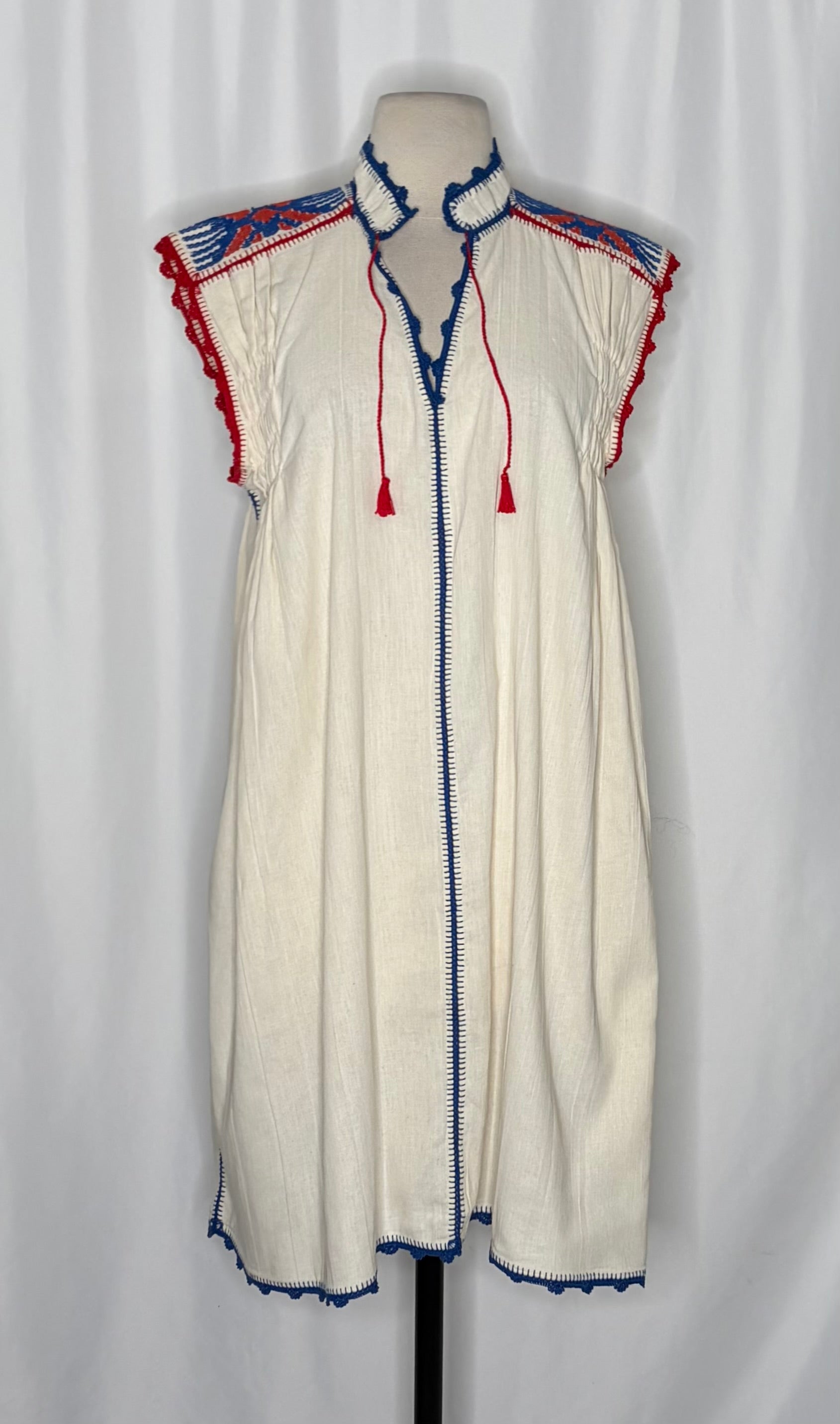 CAROLINA K Oaxaca Embroidered Crochet Tassel Mini Dress Bohemian Resort Medium