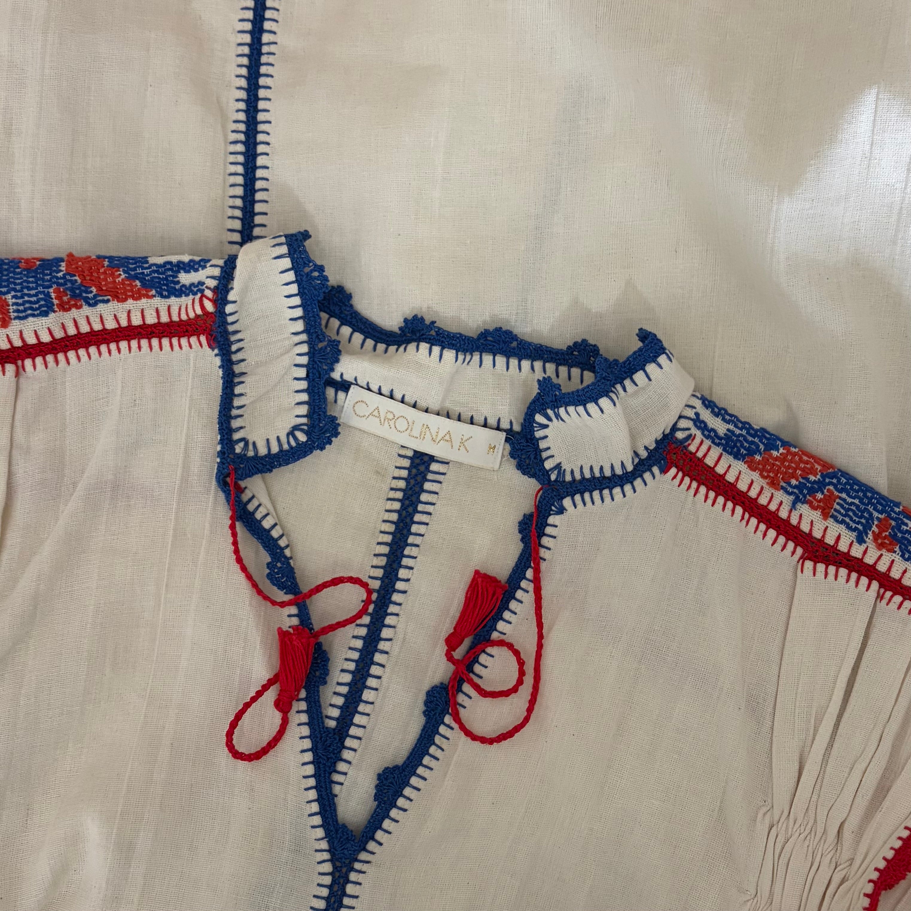 CAROLINA K Oaxaca Embroidered Crochet Tassel Mini Dress Bohemian Resort Medium