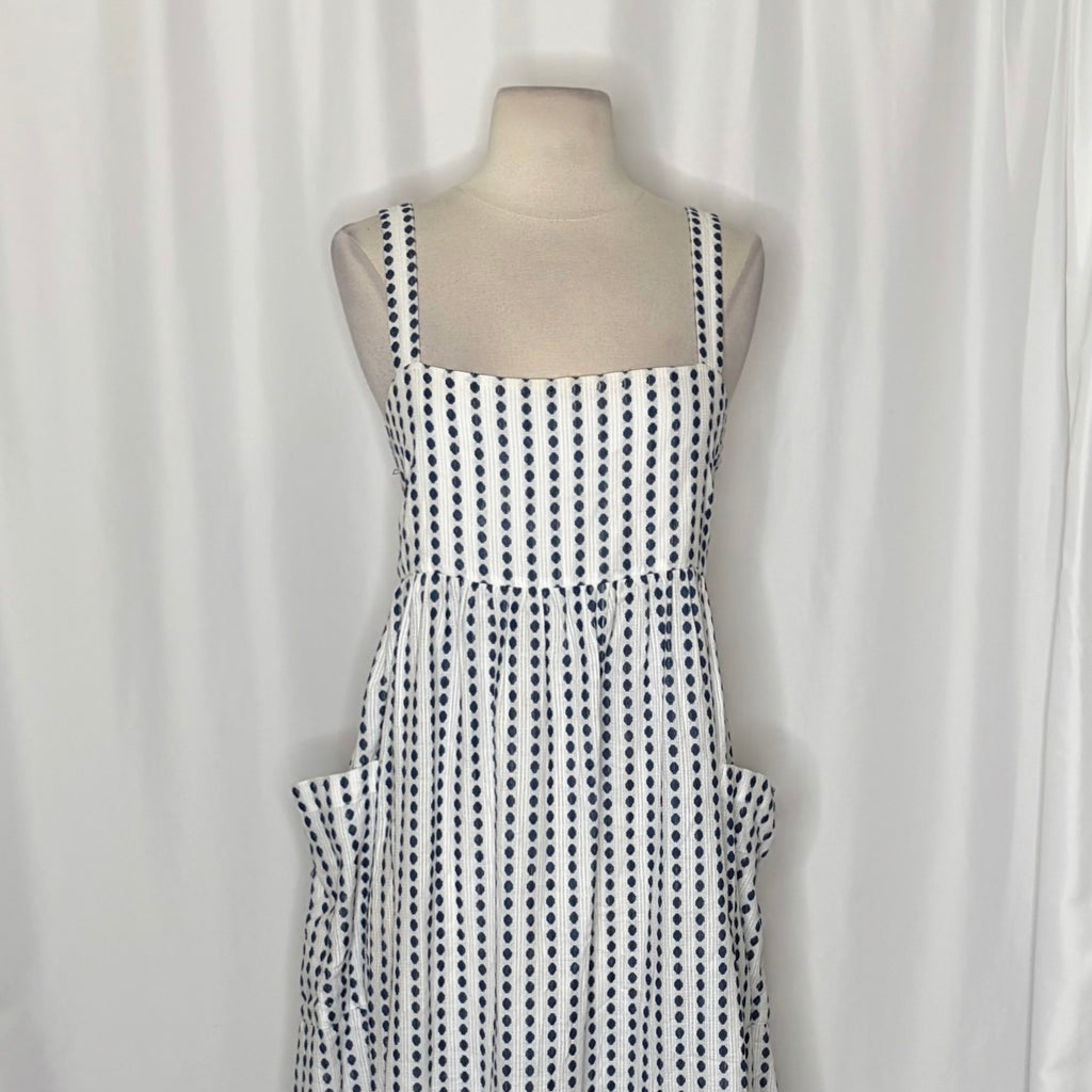 Anthropologie MARA HOFFMAN Patch Pocket Midi Dress Blue White Polka Dot Medium