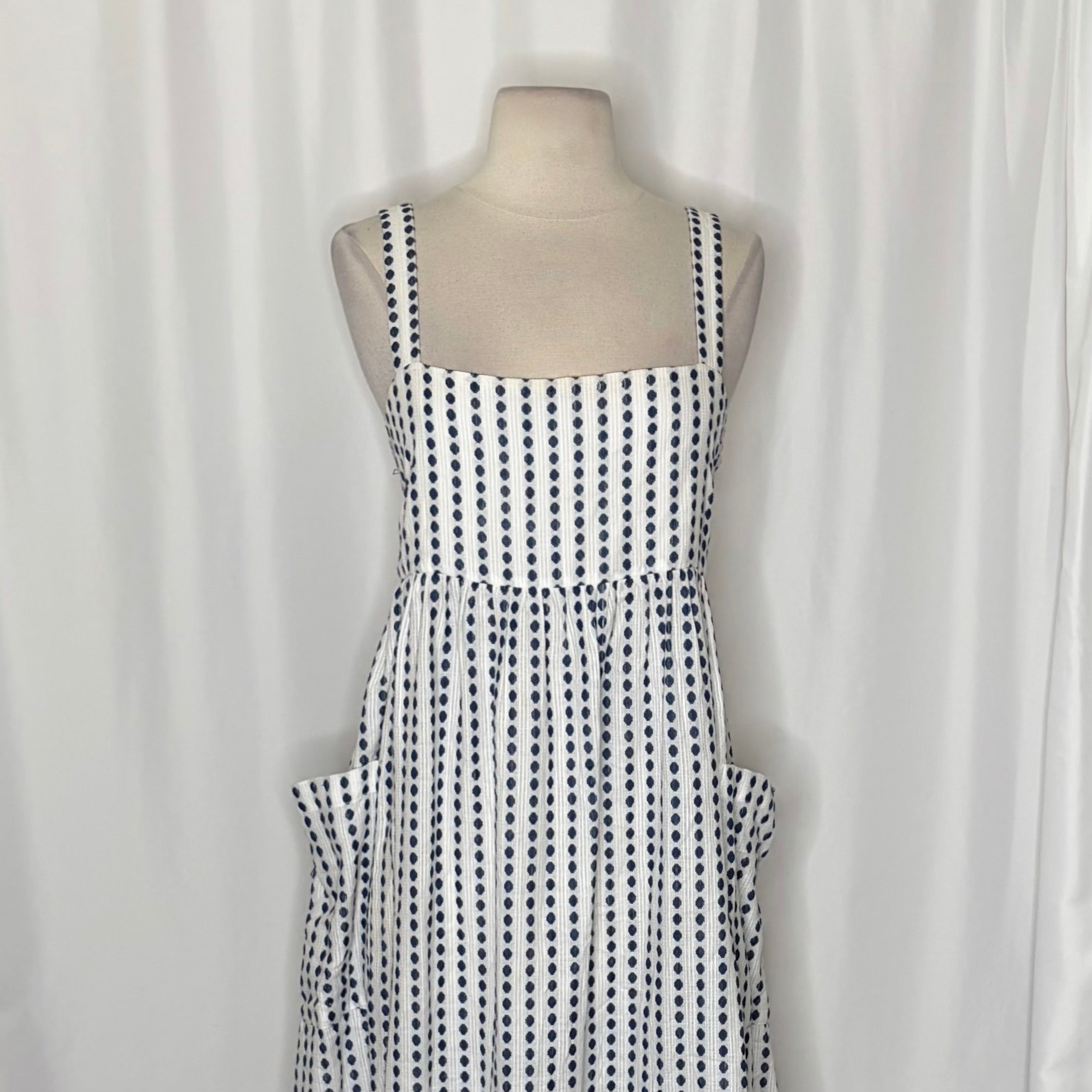 Anthropologie MARA HOFFMAN Patch Pocket Midi Dress Blue White Polka Dot Medium