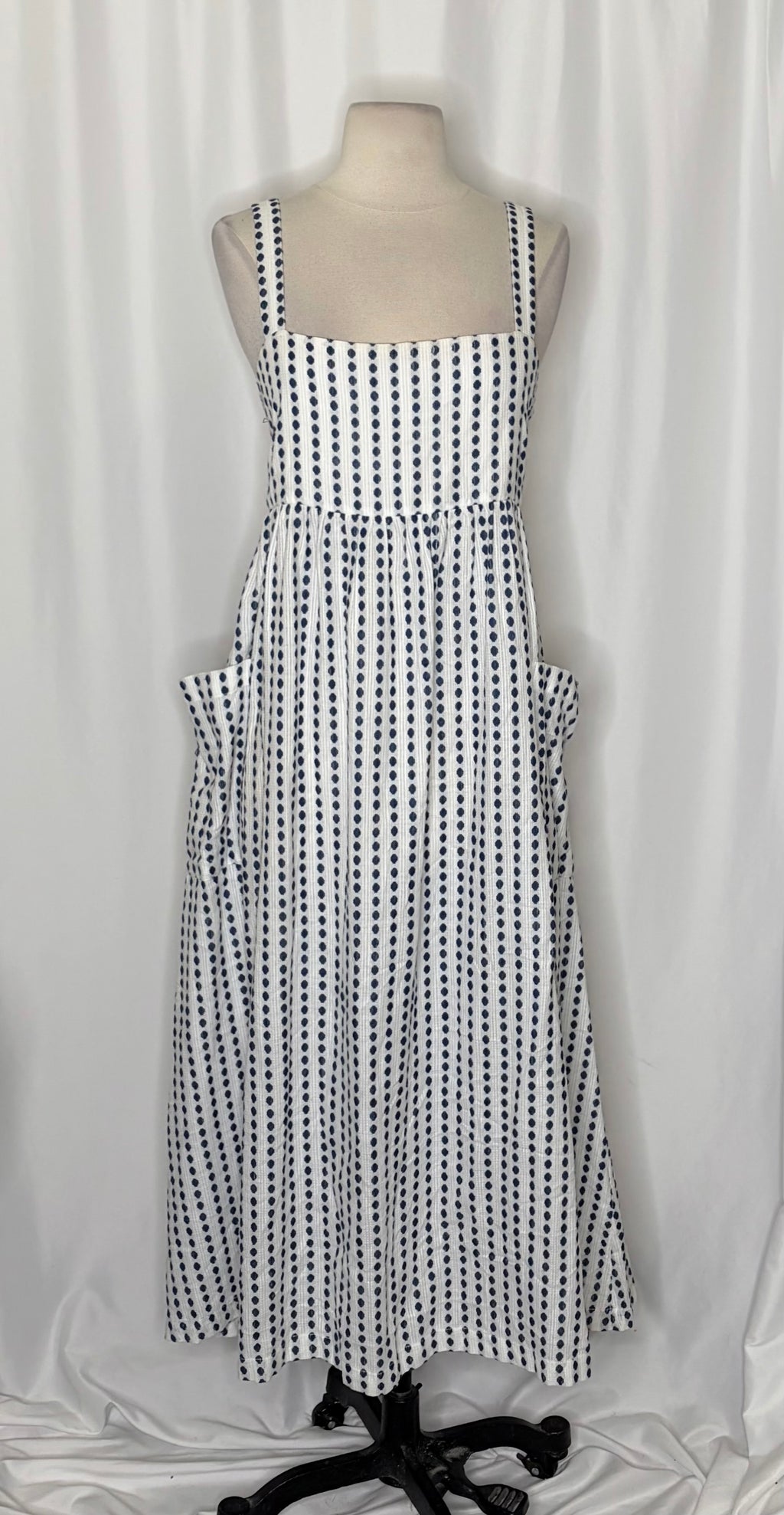 Anthropologie MARA HOFFMAN Patch Pocket Midi Dress Blue White Polka Dot Medium