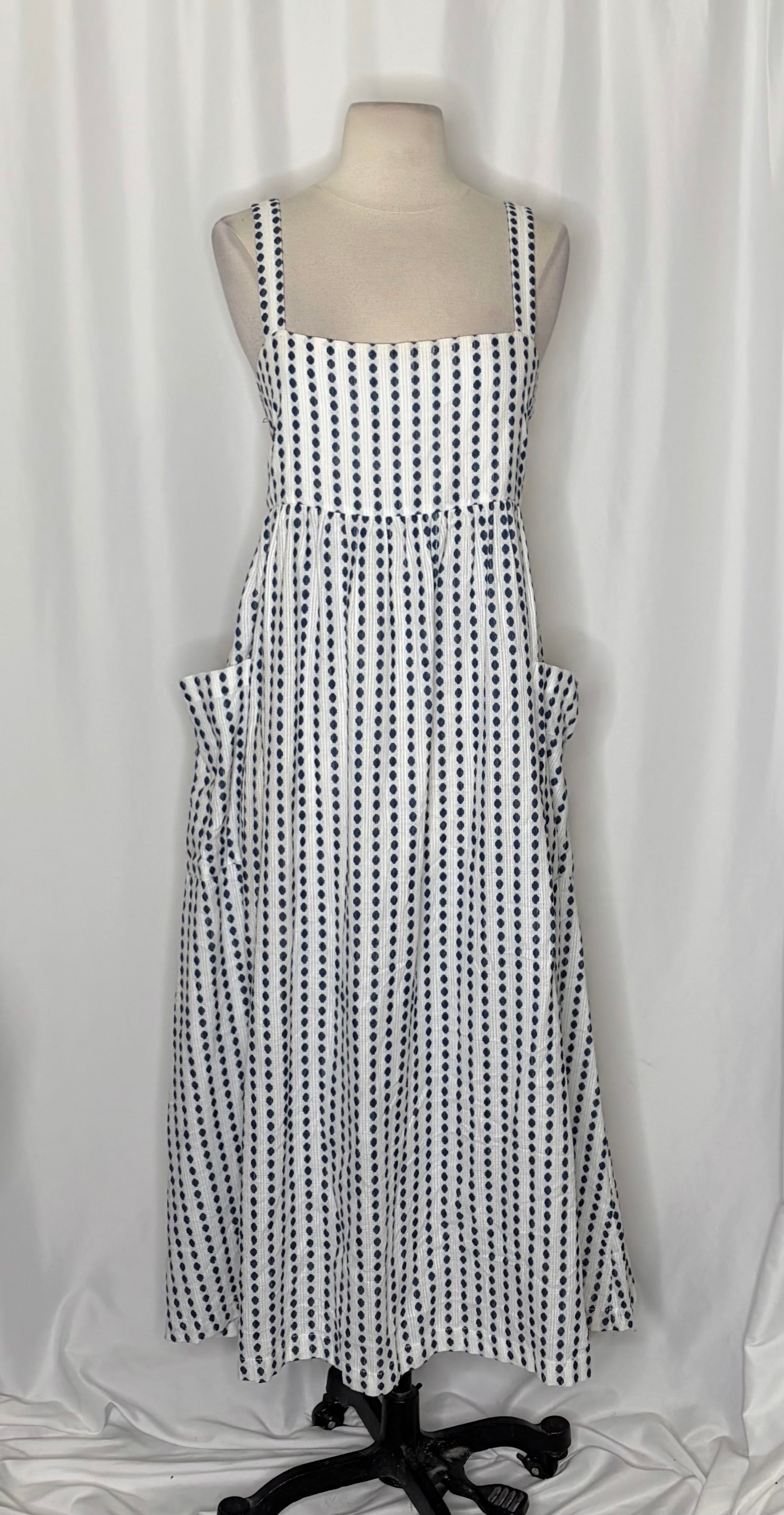 Anthropologie MARA HOFFMAN Patch Pocket Midi Dress Blue White Polka Dot Medium