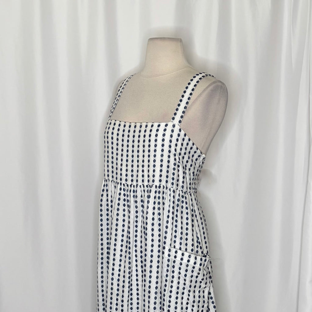 Anthropologie MARA HOFFMAN Patch Pocket Midi Dress Blue White Polka Dot Medium