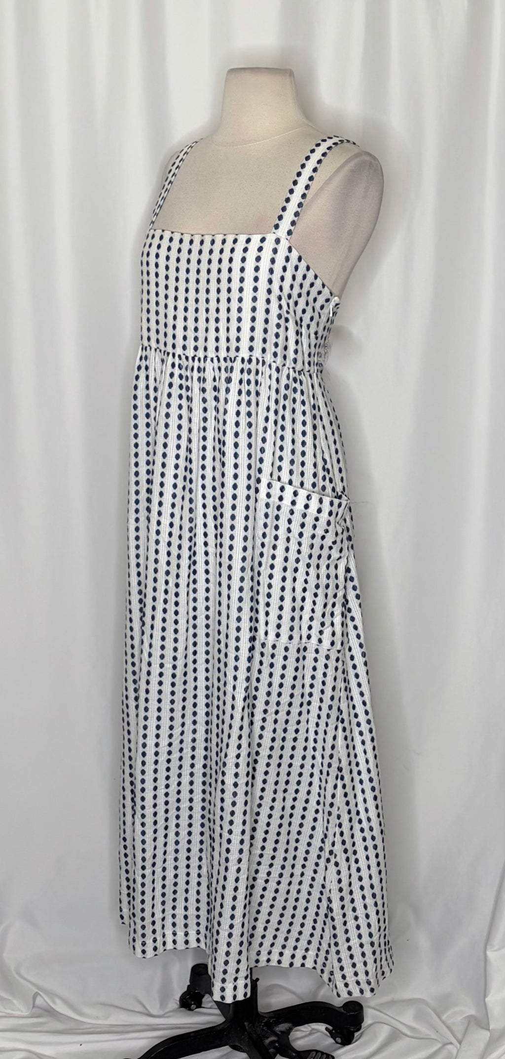 Anthropologie MARA HOFFMAN Patch Pocket Midi Dress Blue White Polka Dot Medium