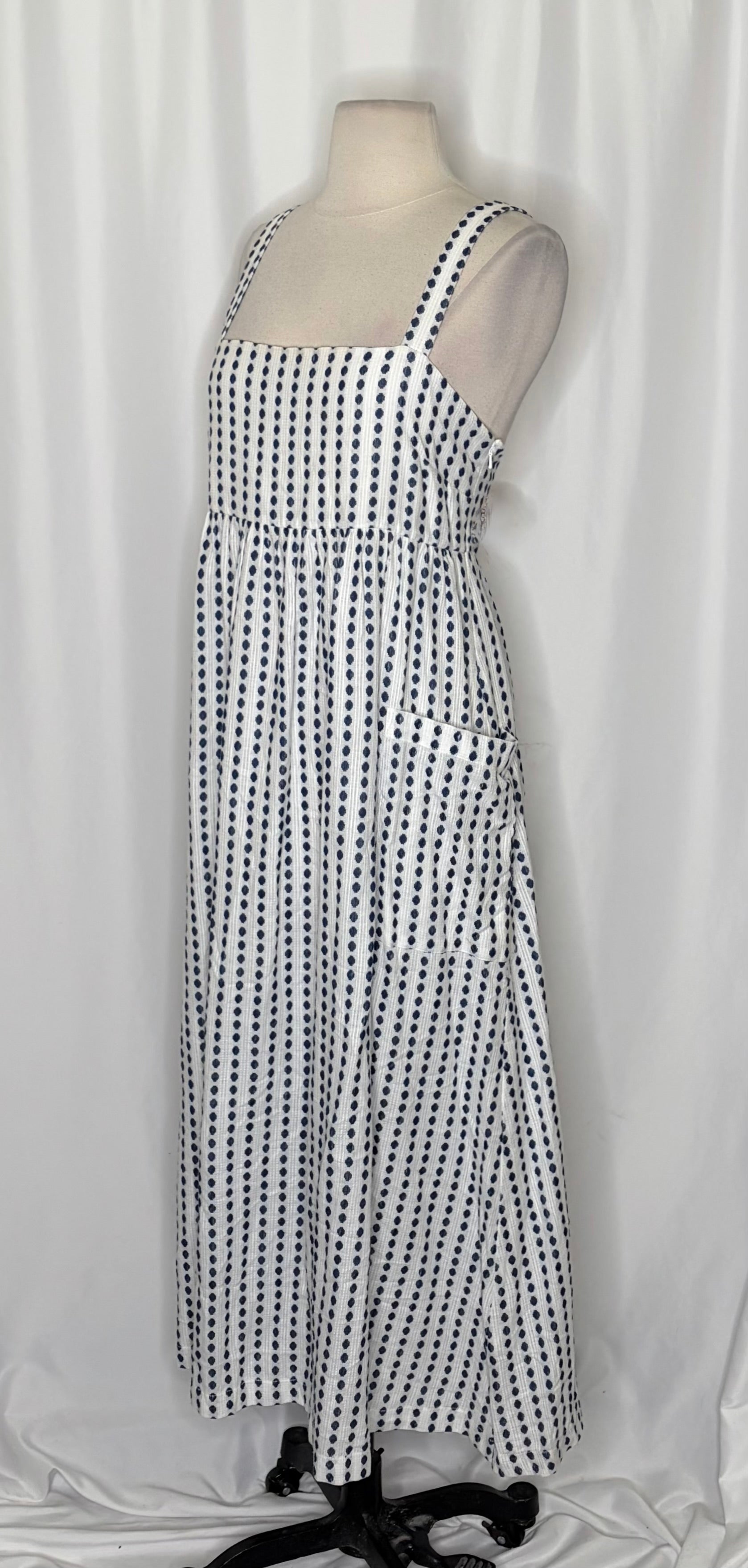 Anthropologie MARA HOFFMAN Patch Pocket Midi Dress Blue White Polka Dot Medium