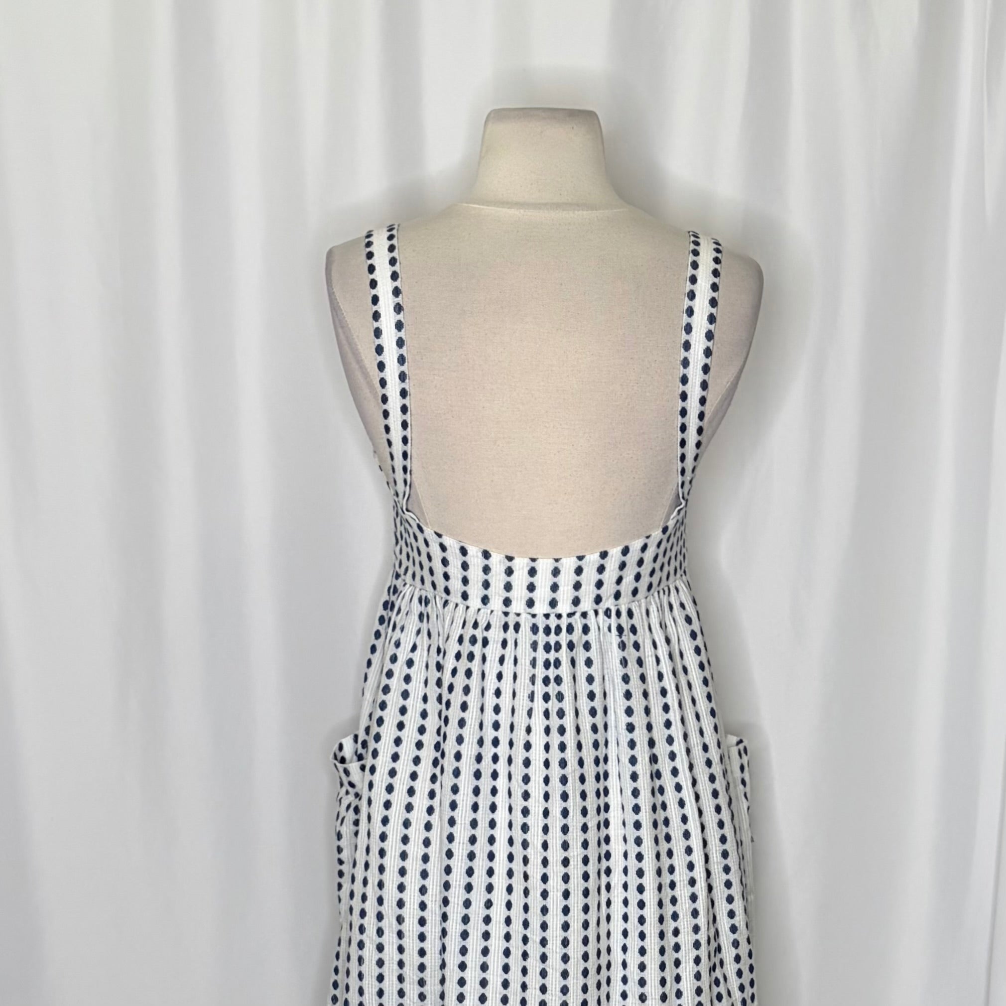 Anthropologie MARA HOFFMAN Patch Pocket Midi Dress Blue White Polka Dot Medium