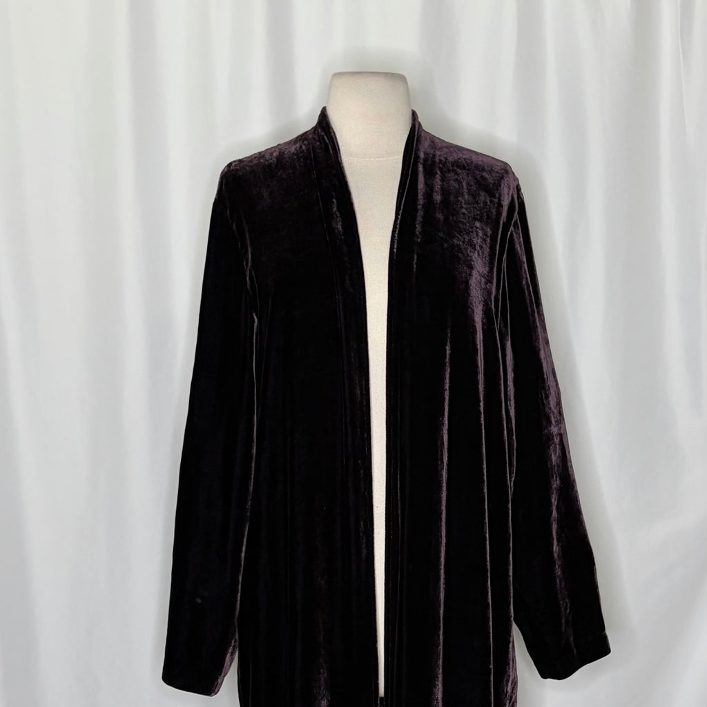 EILEEN FISHER Dark Purple Velvet Open Front Long Jacket Duster Cardigan Medium
