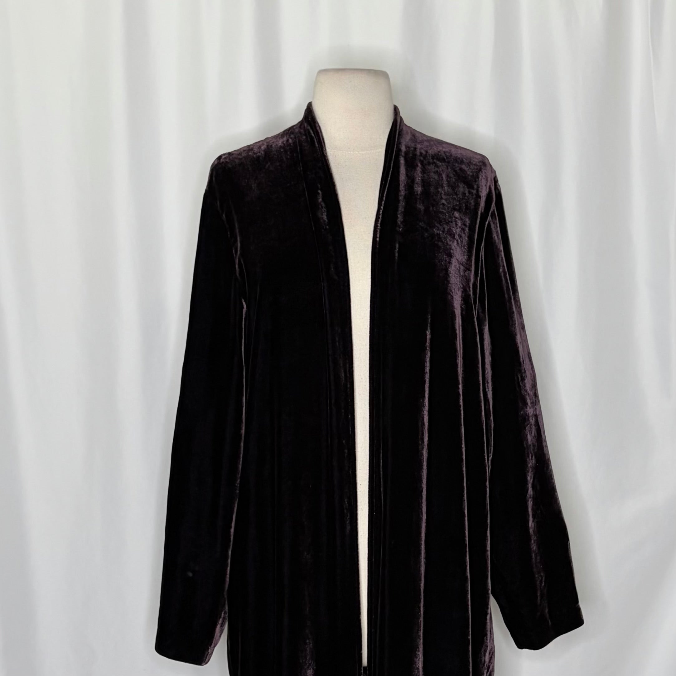 EILEEN FISHER Dark Purple Velvet Open Front Long Jacket Duster Cardigan Medium