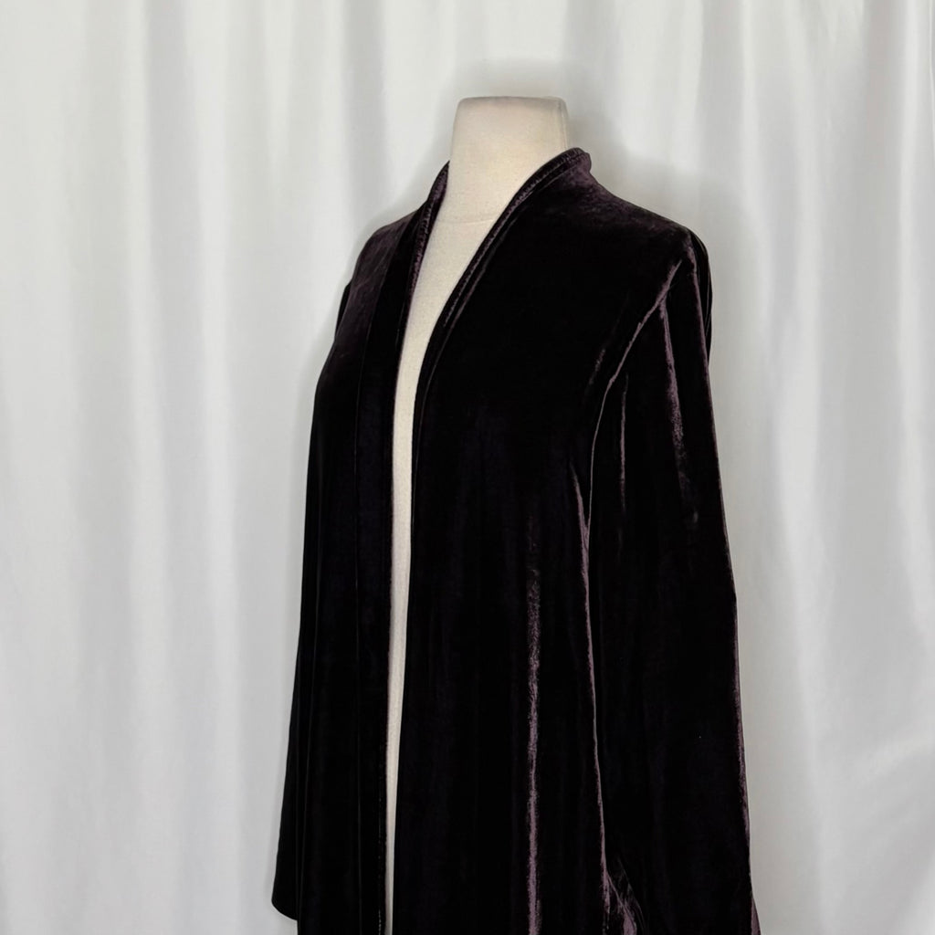 EILEEN FISHER Dark Purple Velvet Open Front Long Jacket Duster Cardigan Medium