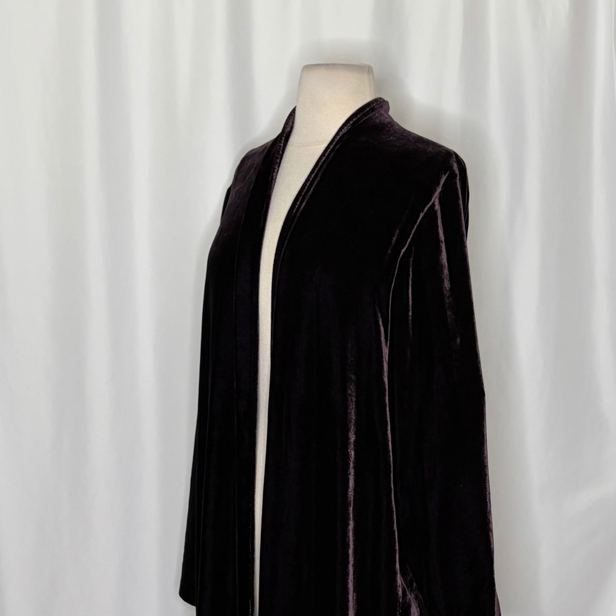 EILEEN FISHER Dark Purple Velvet Open Front Long Jacket Duster Cardigan Medium