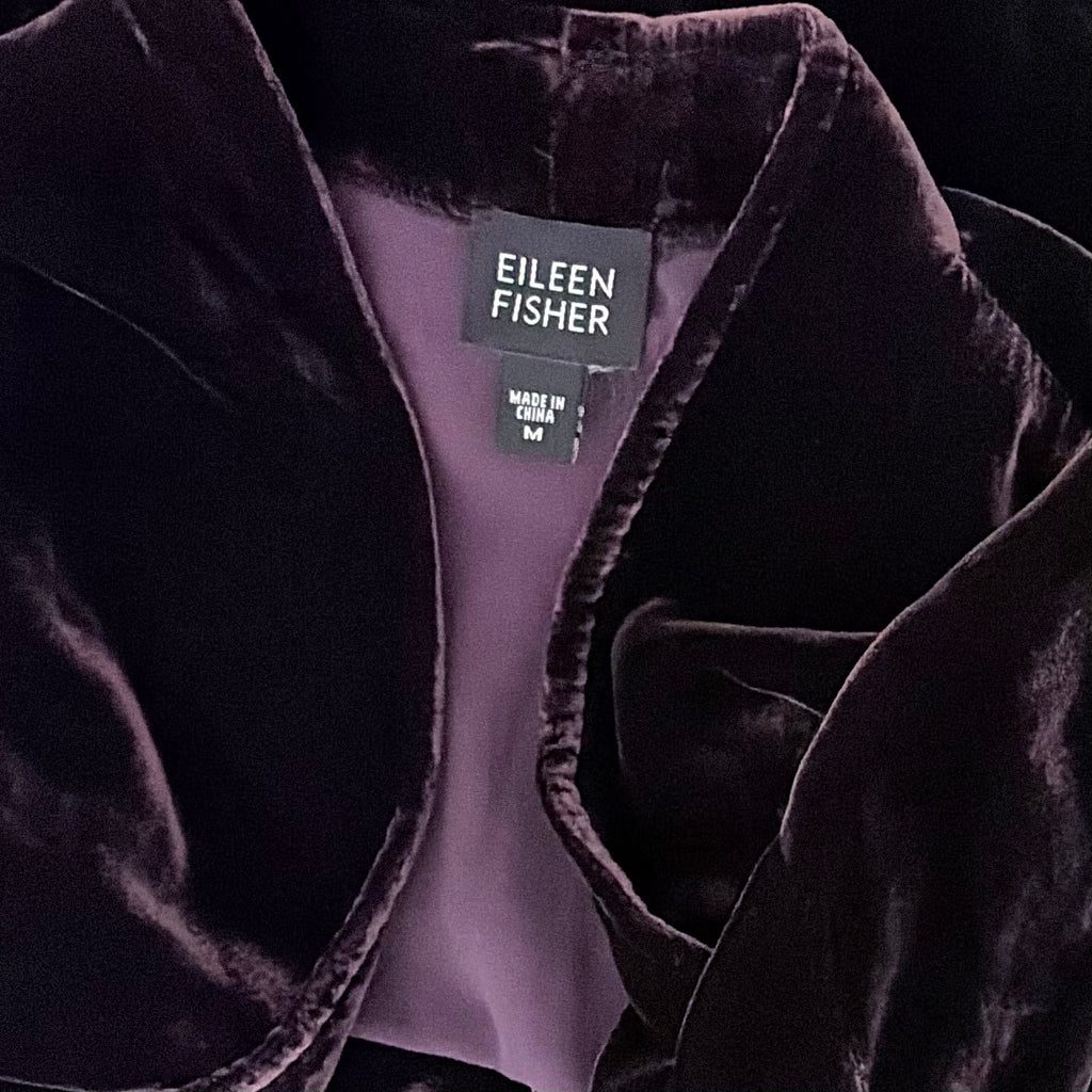 EILEEN FISHER Dark Purple Velvet Open Front Long Jacket Duster Cardigan Medium