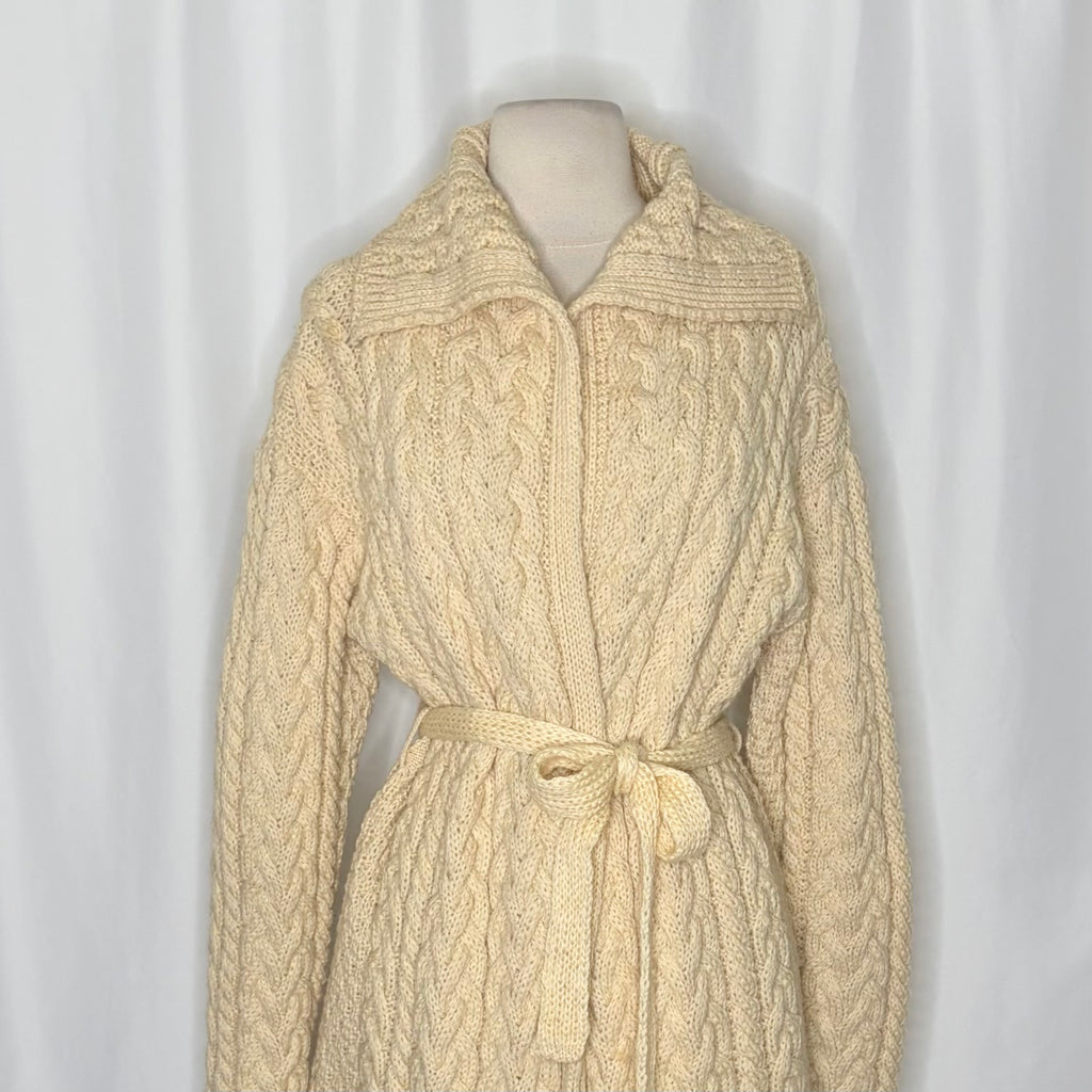 CARRAIG DONN CarraigDonn Irish Wool Cable Knit Long Cardigan Belted Cream Medium