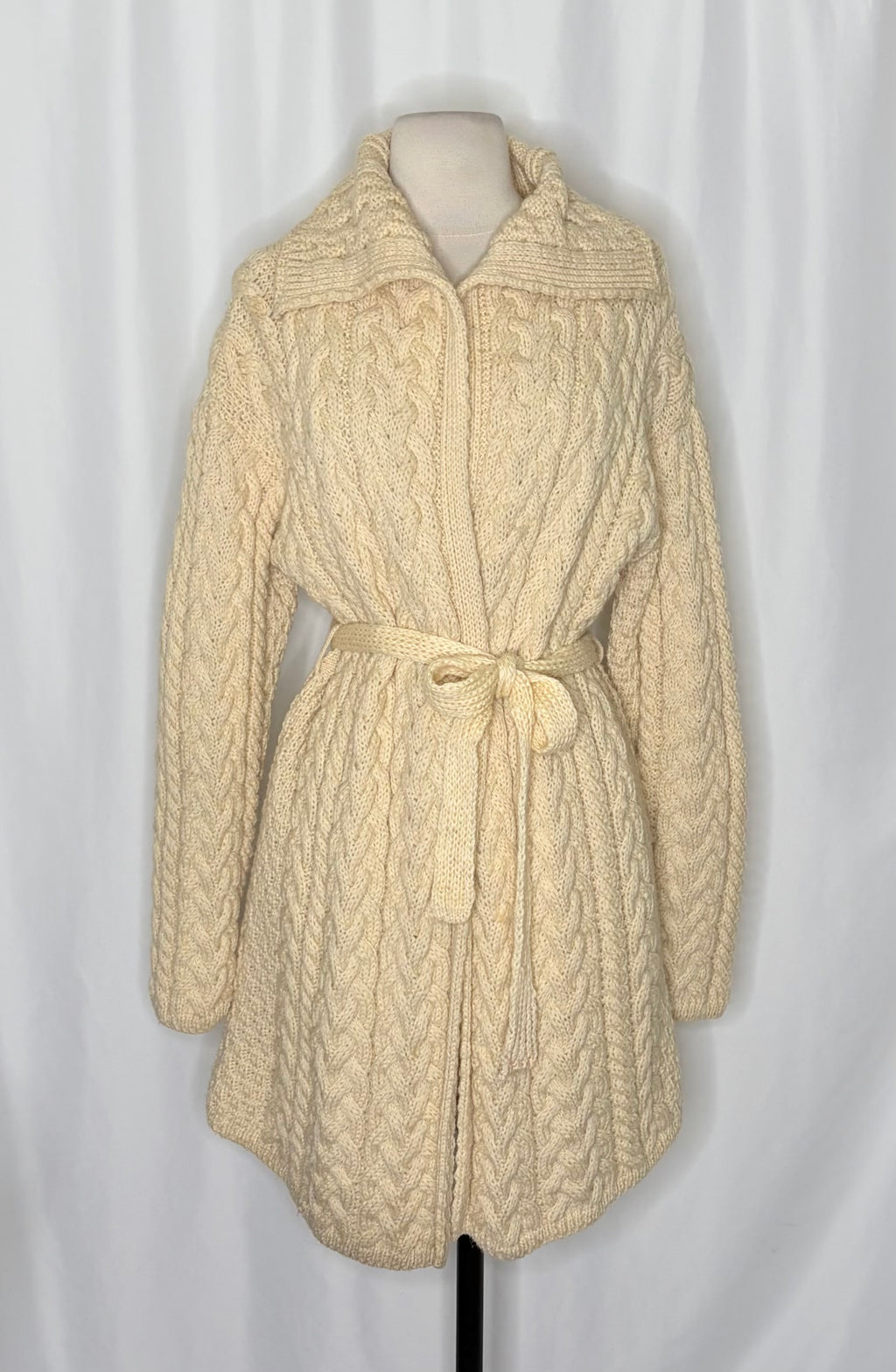 CARRAIG DONN CarraigDonn Irish Wool Cable Knit Long Cardigan Belted Cream Medium
