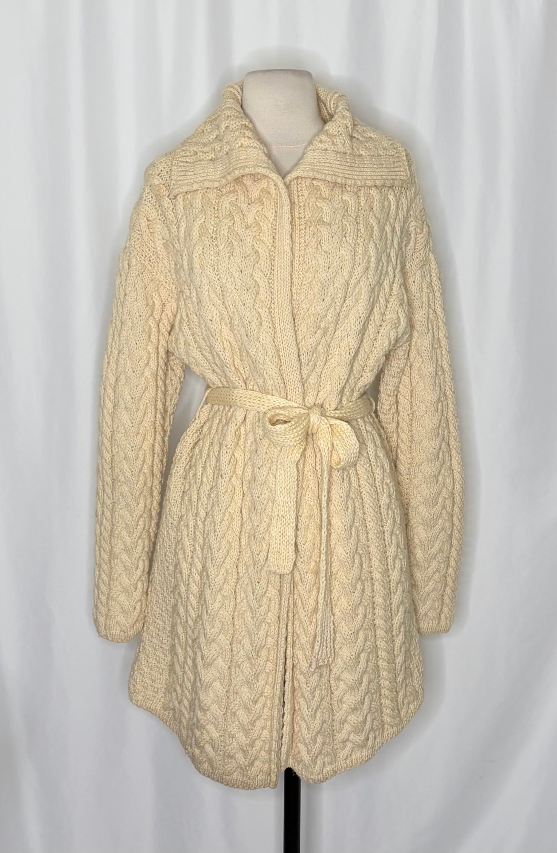 CARRAIG DONN CarraigDonn Irish Wool Cable Knit Long Cardigan Belted Cream Medium