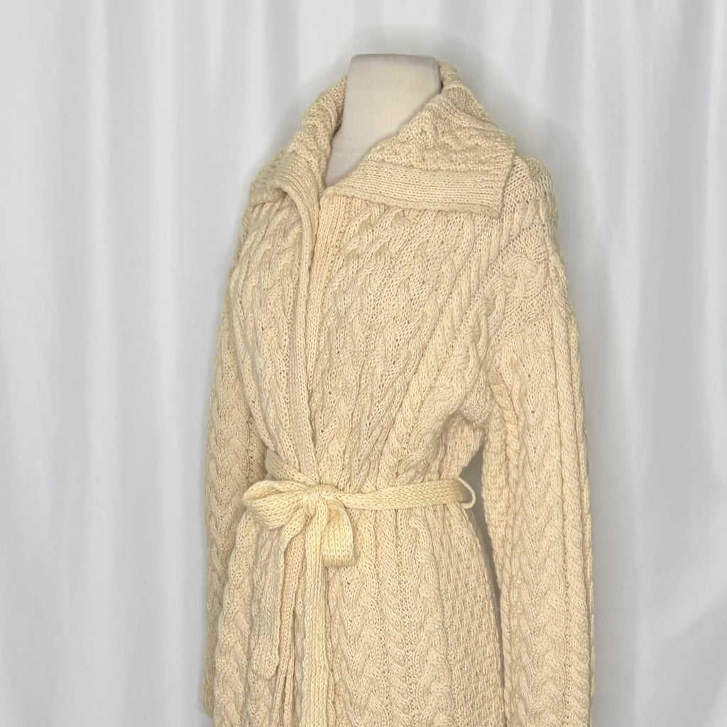 CARRAIG DONN CarraigDonn Irish Wool Cable Knit Long Cardigan Belted Cream Medium