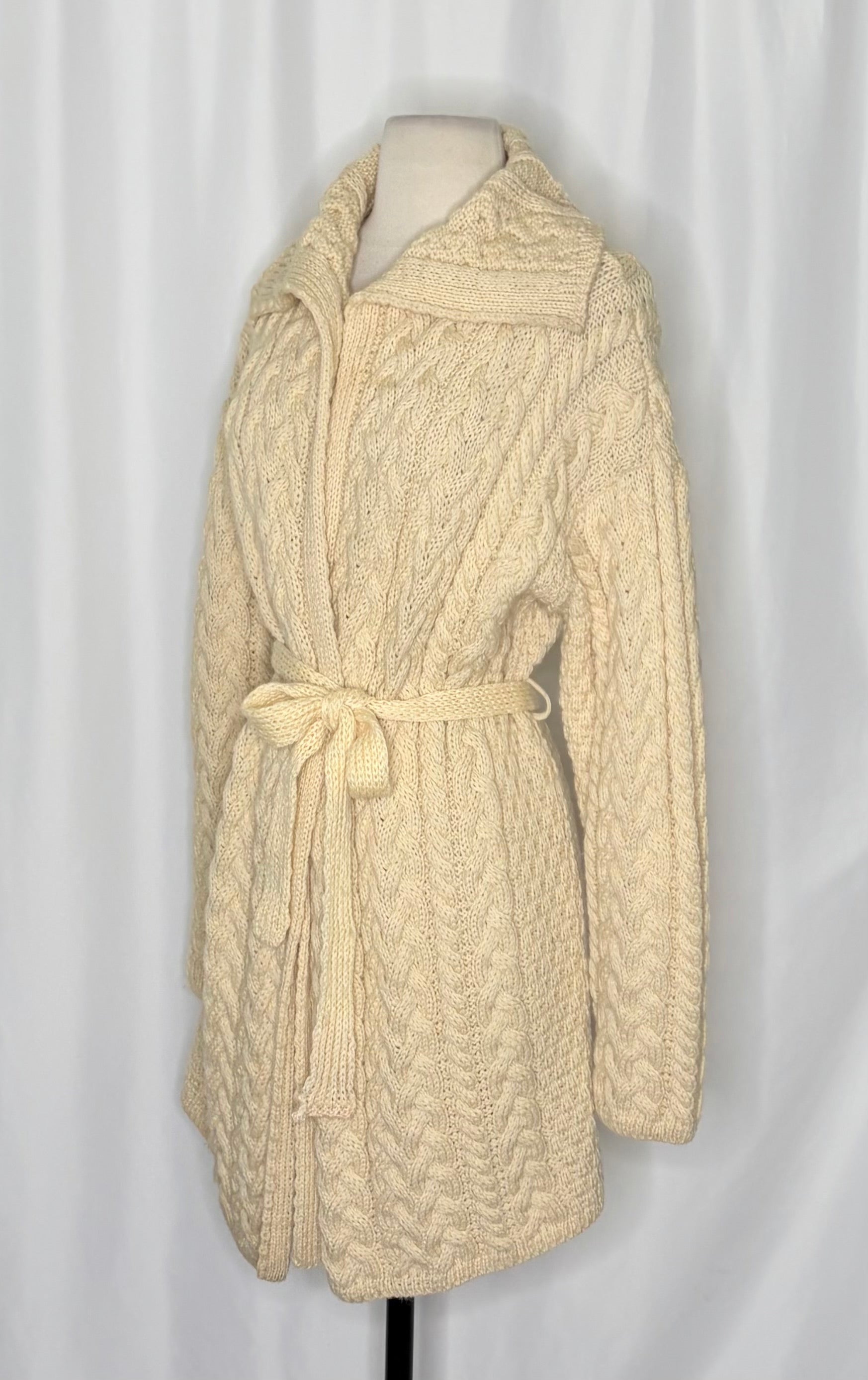 CARRAIG DONN CarraigDonn Irish Wool Cable Knit Long Cardigan Belted Cream Medium