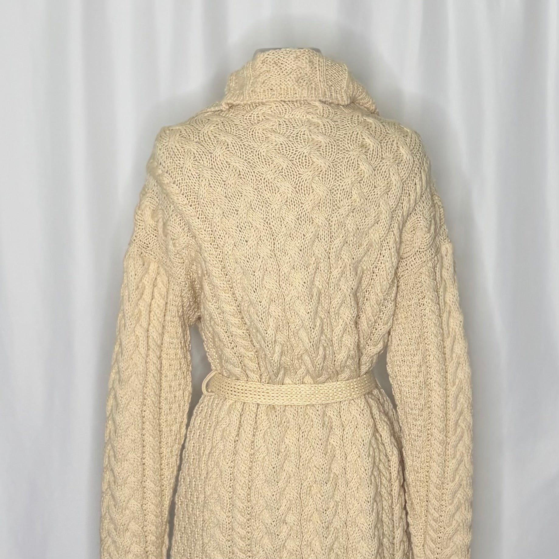 CARRAIG DONN CarraigDonn Irish Wool Cable Knit Long Cardigan Belted Cream Medium
