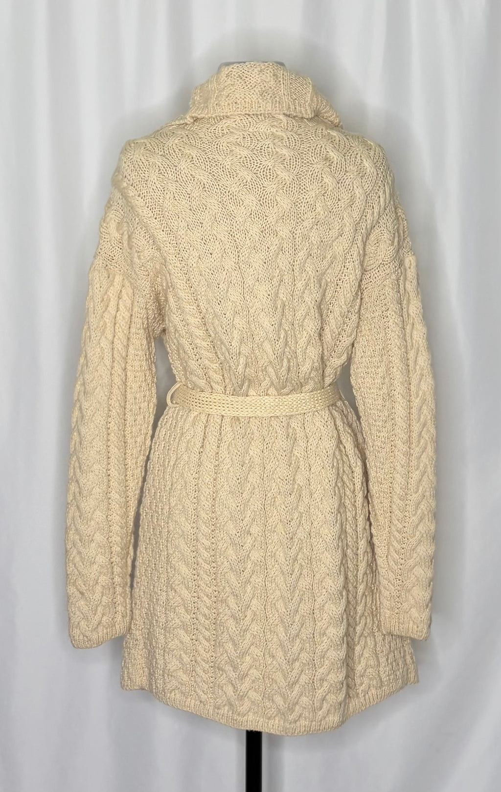 CARRAIG DONN CarraigDonn Irish Wool Cable Knit Long Cardigan Belted Cream Medium