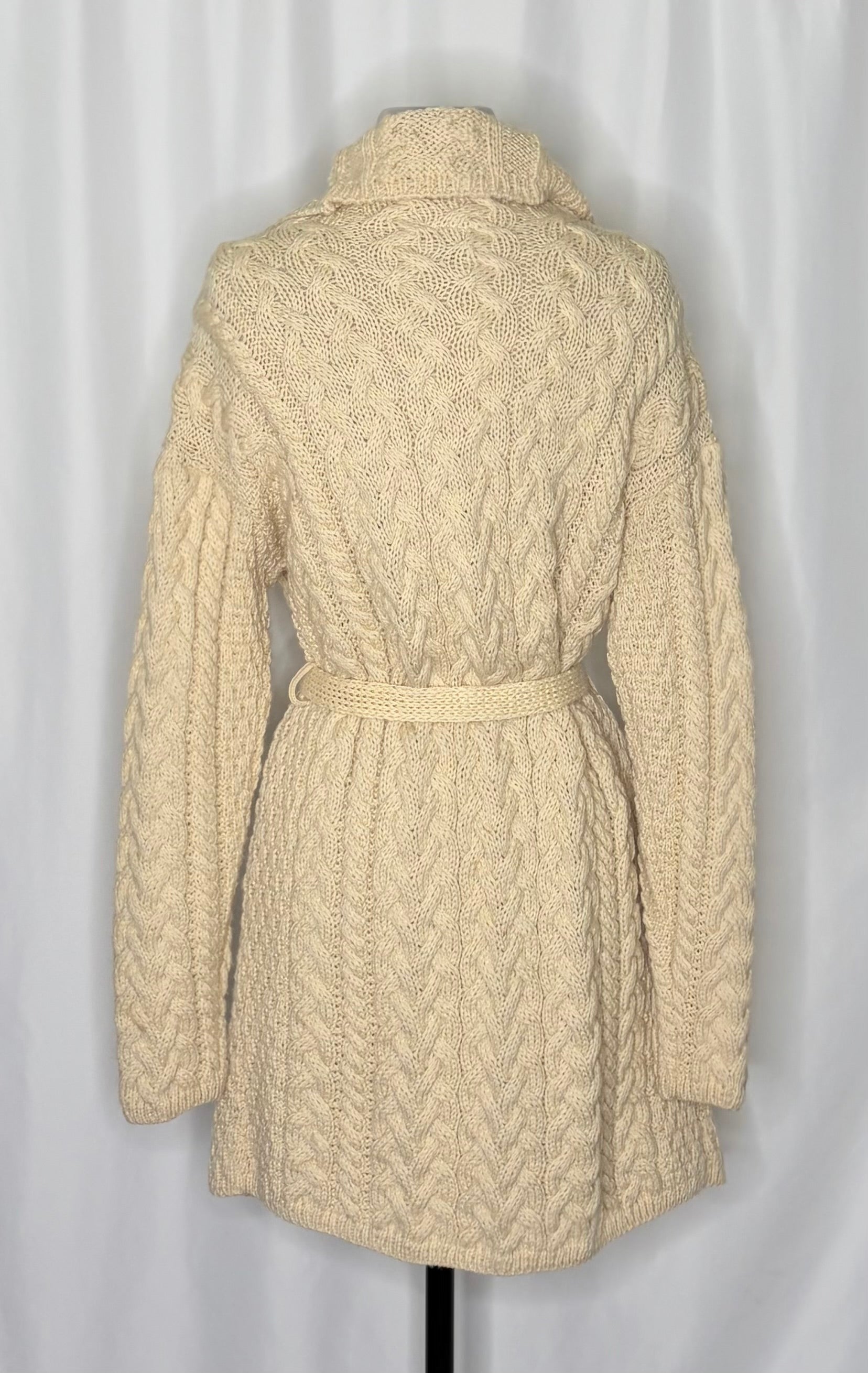 CARRAIG DONN CarraigDonn Irish Wool Cable Knit Long Cardigan Belted Cream Medium