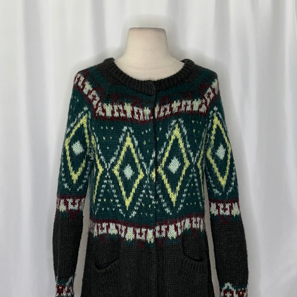FREE PEOPLE Frosted  Fair Isle Longline Cardigan Mohair Wool Boho Sweater Small