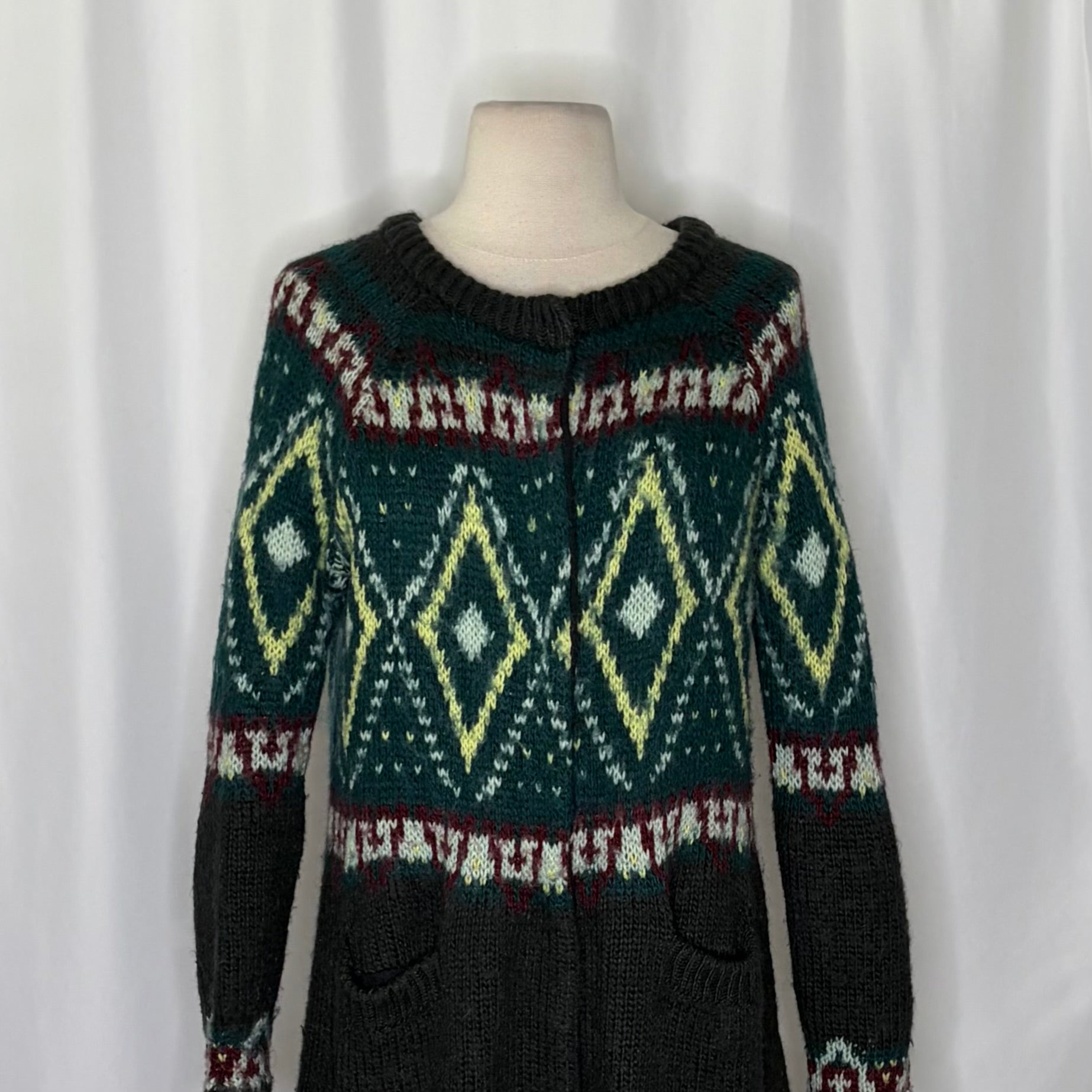 FREE PEOPLE Frosted  Fair Isle Longline Cardigan Mohair Wool Boho Sweater Small