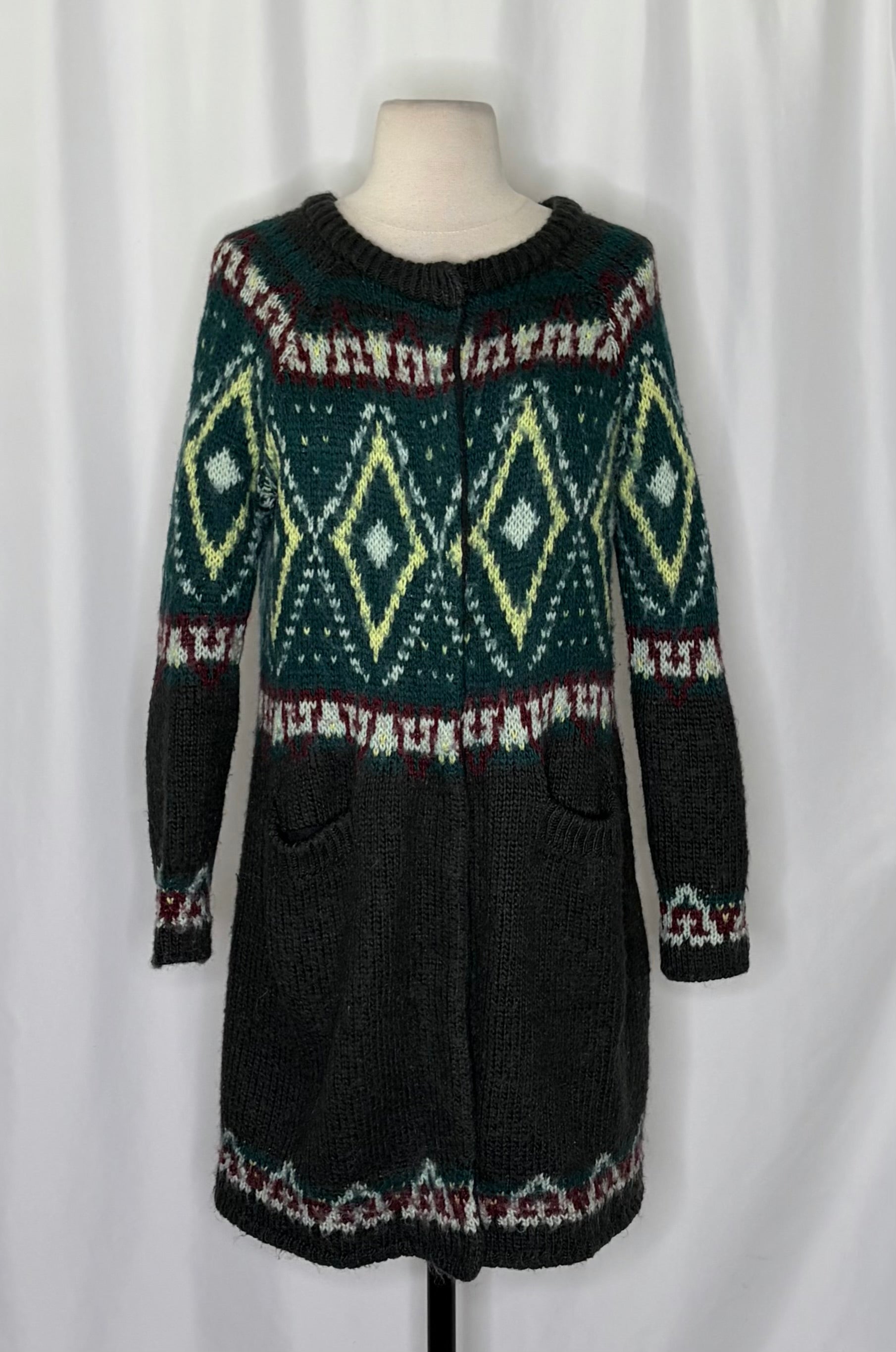 FREE PEOPLE Frosted  Fair Isle Longline Cardigan Mohair Wool Boho Sweater Small