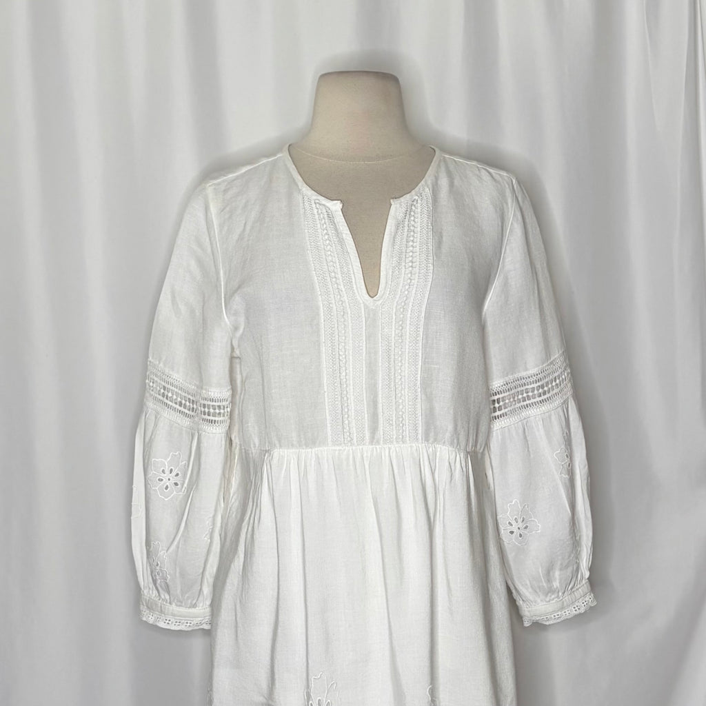 TOMMY BAHAMA White Eyelet Linen Blend Dress Balloon Sleeve Embroidered Small