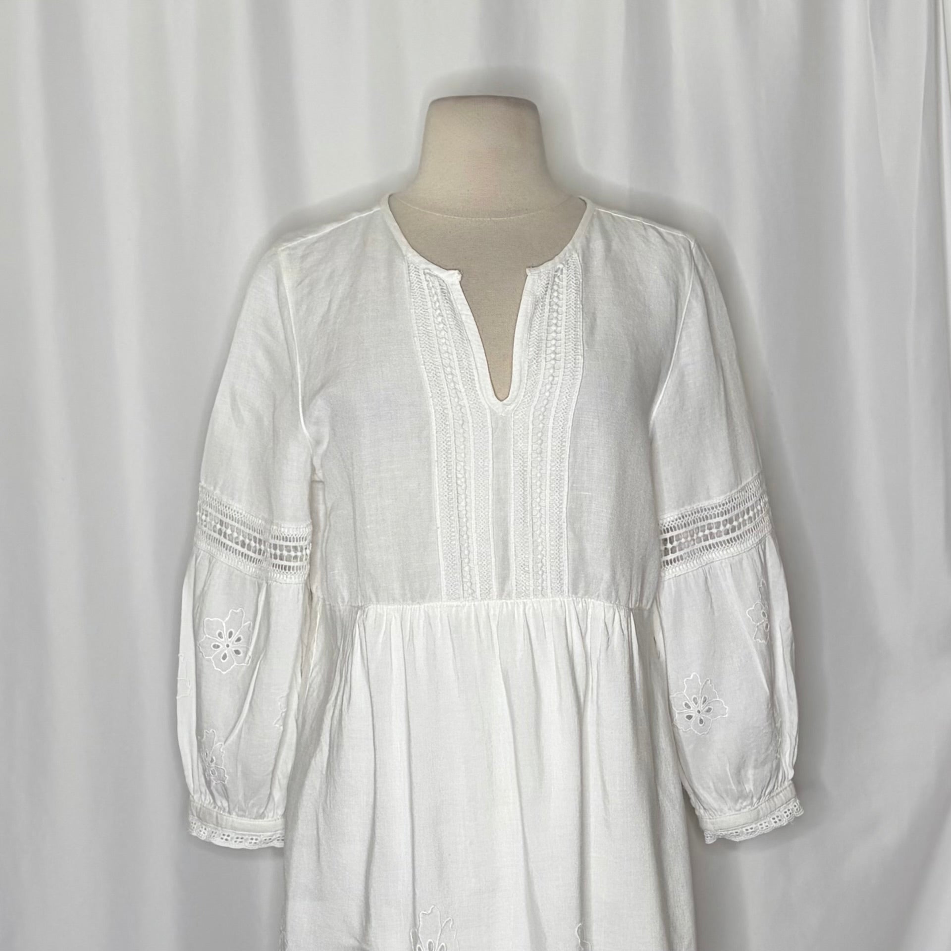 TOMMY BAHAMA White Eyelet Linen Blend Dress Balloon Sleeve Embroidered Small