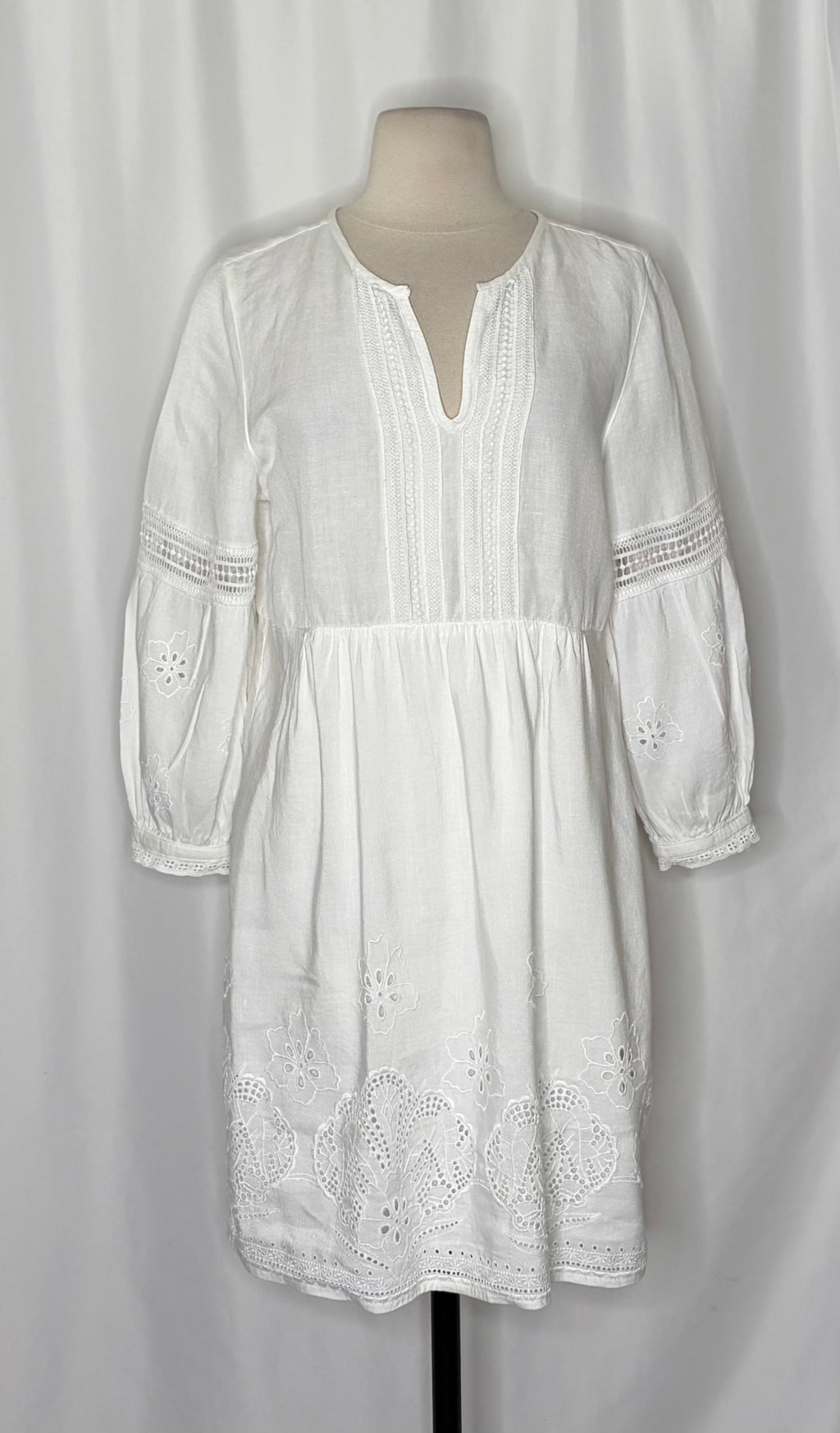 TOMMY BAHAMA White Eyelet Linen Blend Dress Balloon Sleeve Embroidered Small