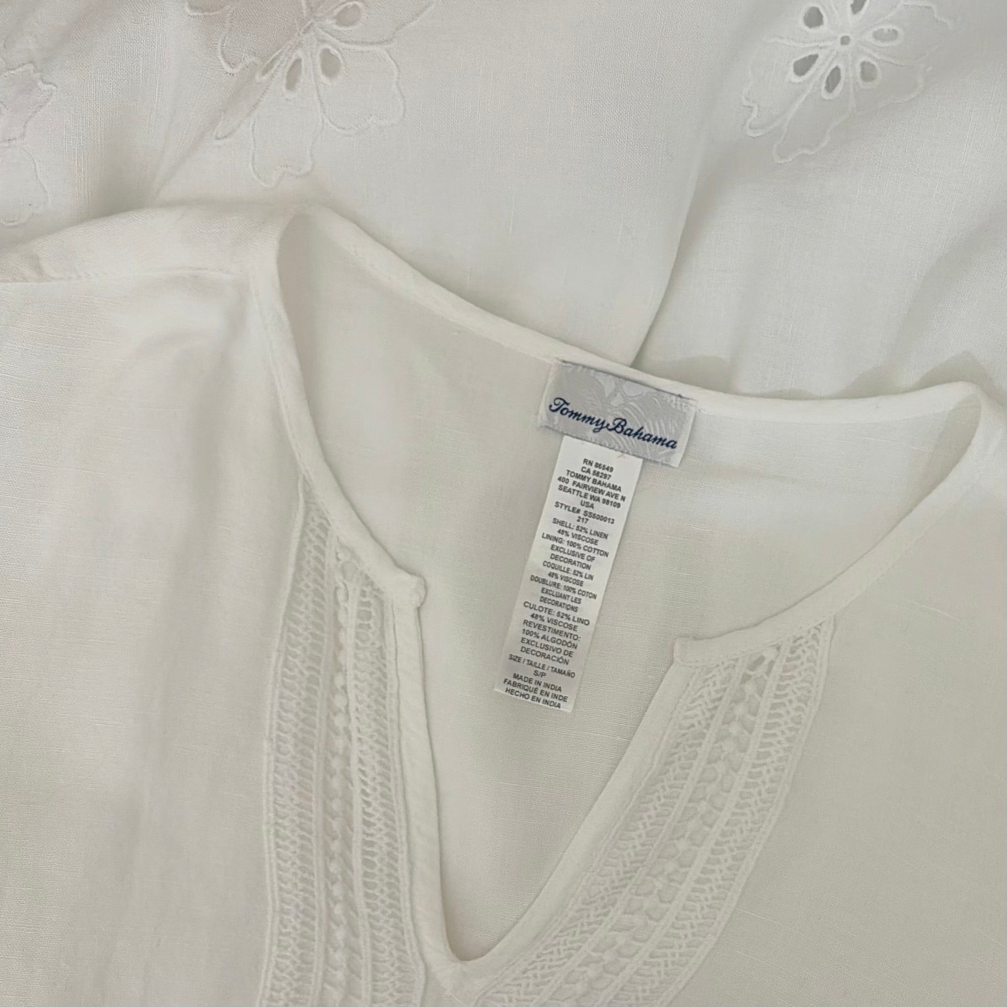 TOMMY BAHAMA White Eyelet Linen Blend Dress Balloon Sleeve Embroidered Small