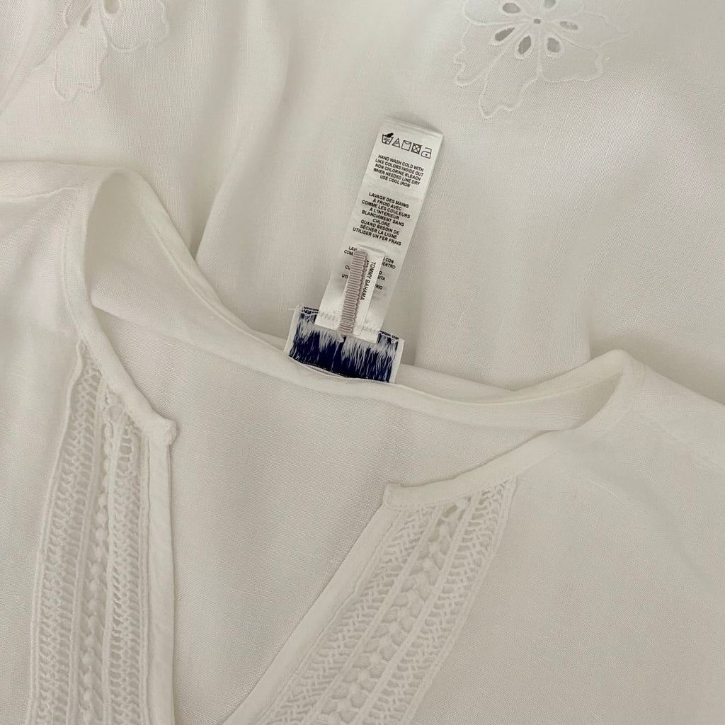 TOMMY BAHAMA White Eyelet Linen Blend Dress Balloon Sleeve Embroidered Small
