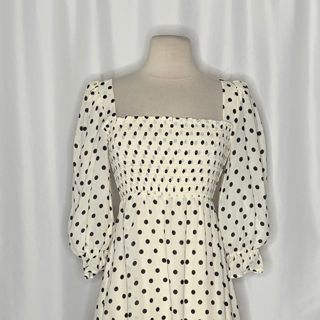 REFORMATION Zaria Dress Portofino Polka Dot Black White Smocked Mini Dress XS