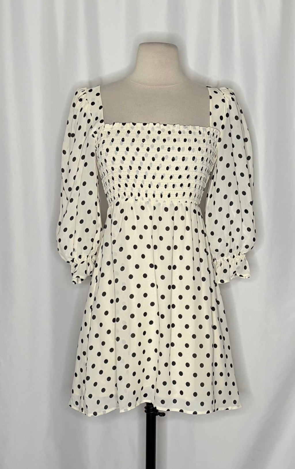 REFORMATION Zaria Dress Portofino Polka Dot Black White Smocked Mini Dress XS