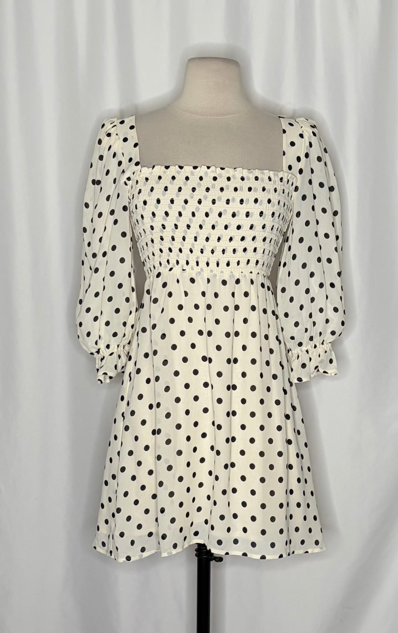 REFORMATION Zaria Dress Portofino Polka Dot Black White Smocked Mini Dress XS
