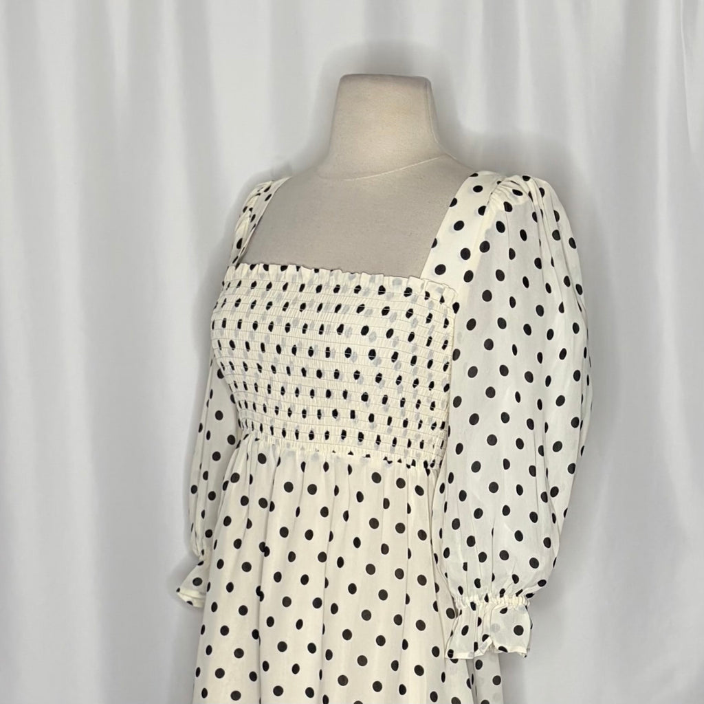 REFORMATION Zaria Dress Portofino Polka Dot Black White Smocked Mini Dress XS
