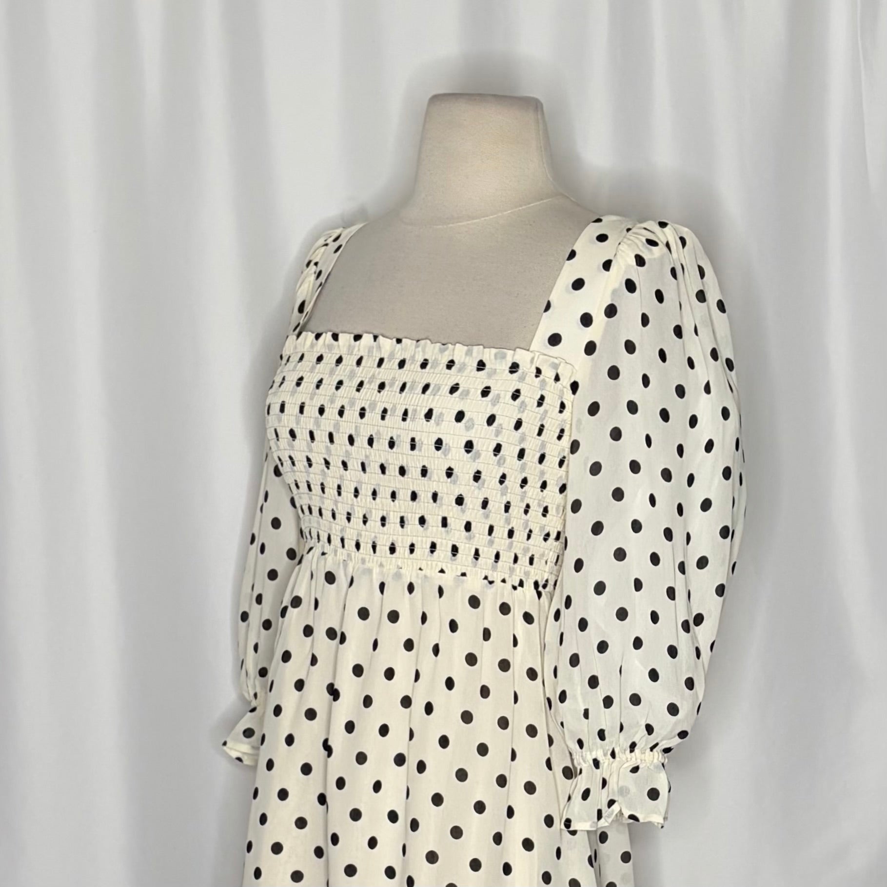 REFORMATION Zaria Dress Portofino Polka Dot Black White Smocked Mini Dress XS