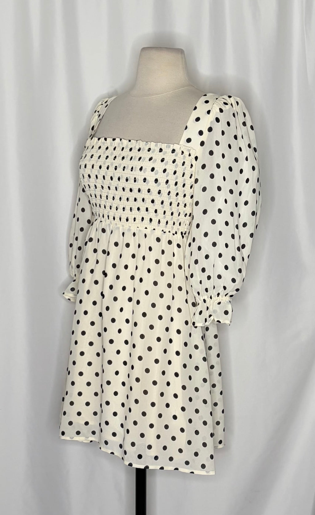 REFORMATION Zaria Dress Portofino Polka Dot Black White Smocked Mini Dress XS