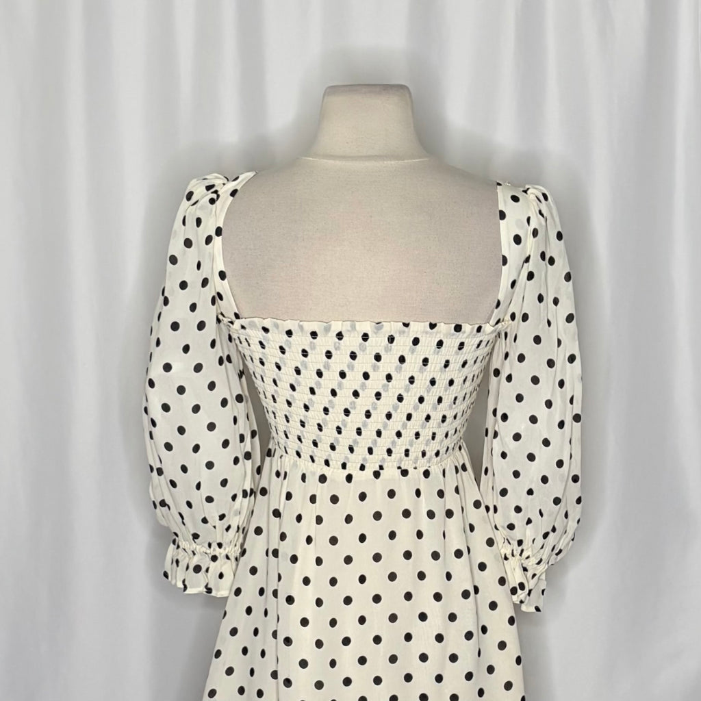 REFORMATION Zaria Dress Portofino Polka Dot Black White Smocked Mini Dress XS