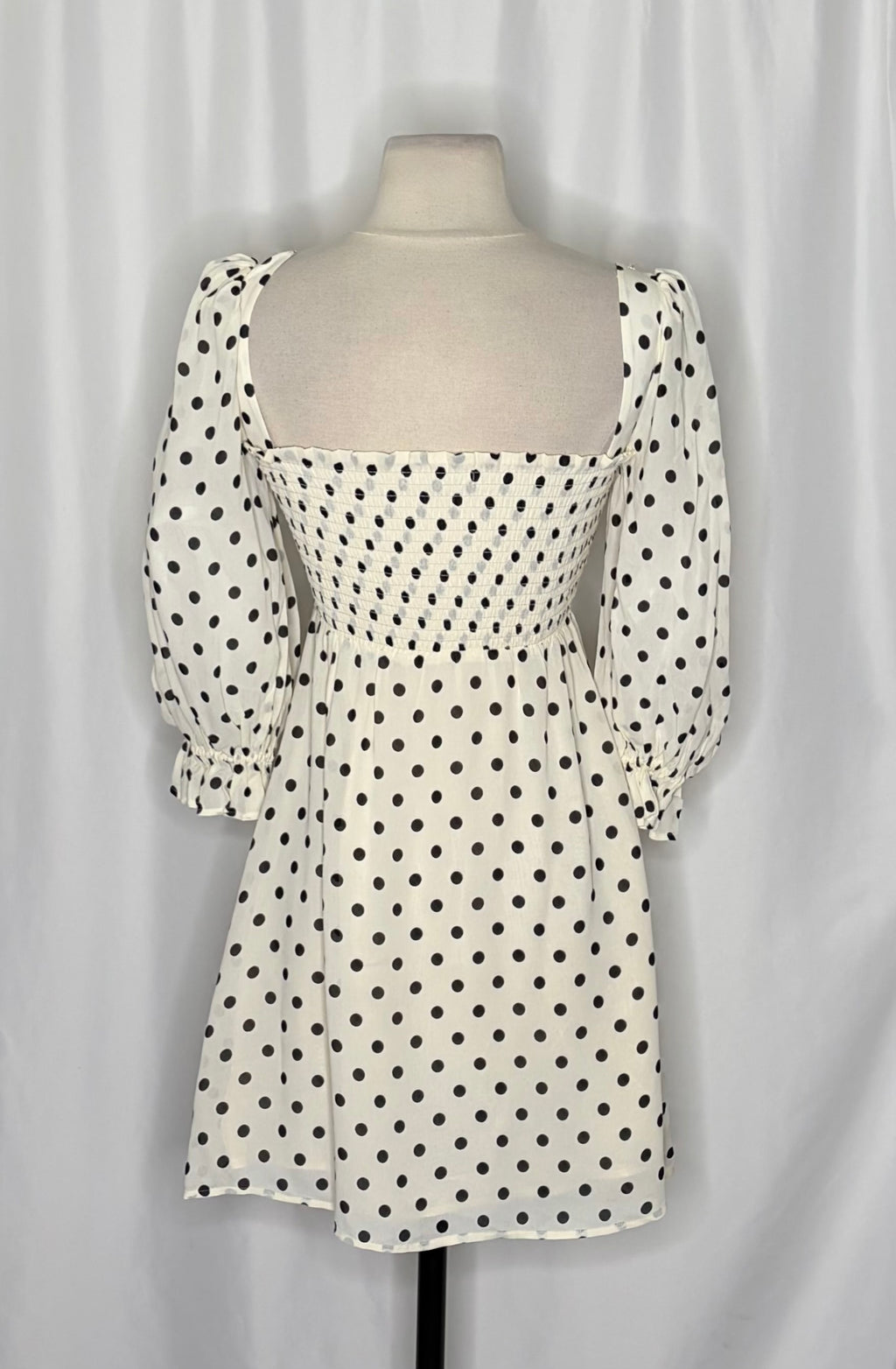 REFORMATION Zaria Dress Portofino Polka Dot Black White Smocked Mini Dress XS
