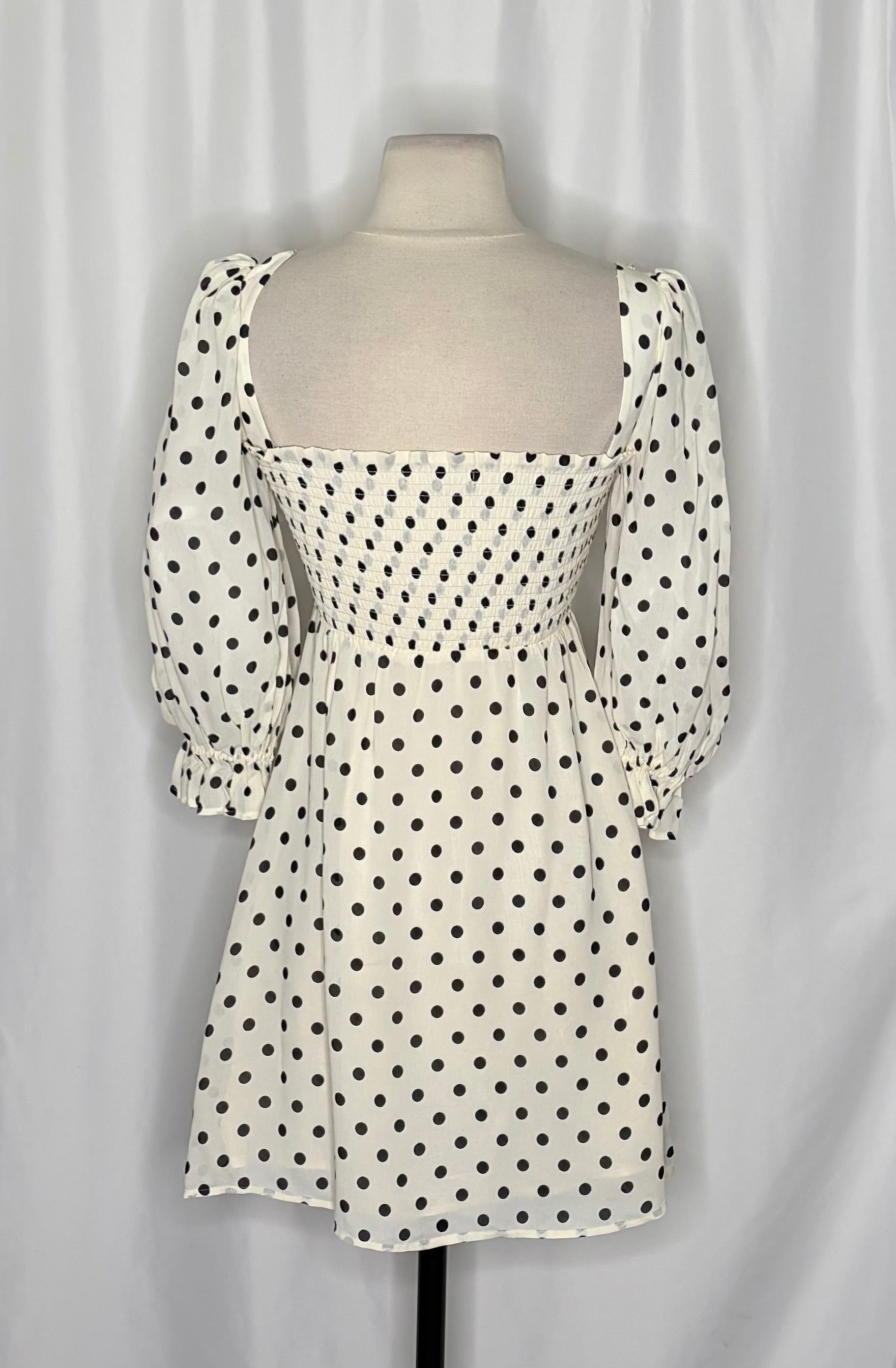 REFORMATION Zaria Dress Portofino Polka Dot Black White Smocked Mini Dress XS