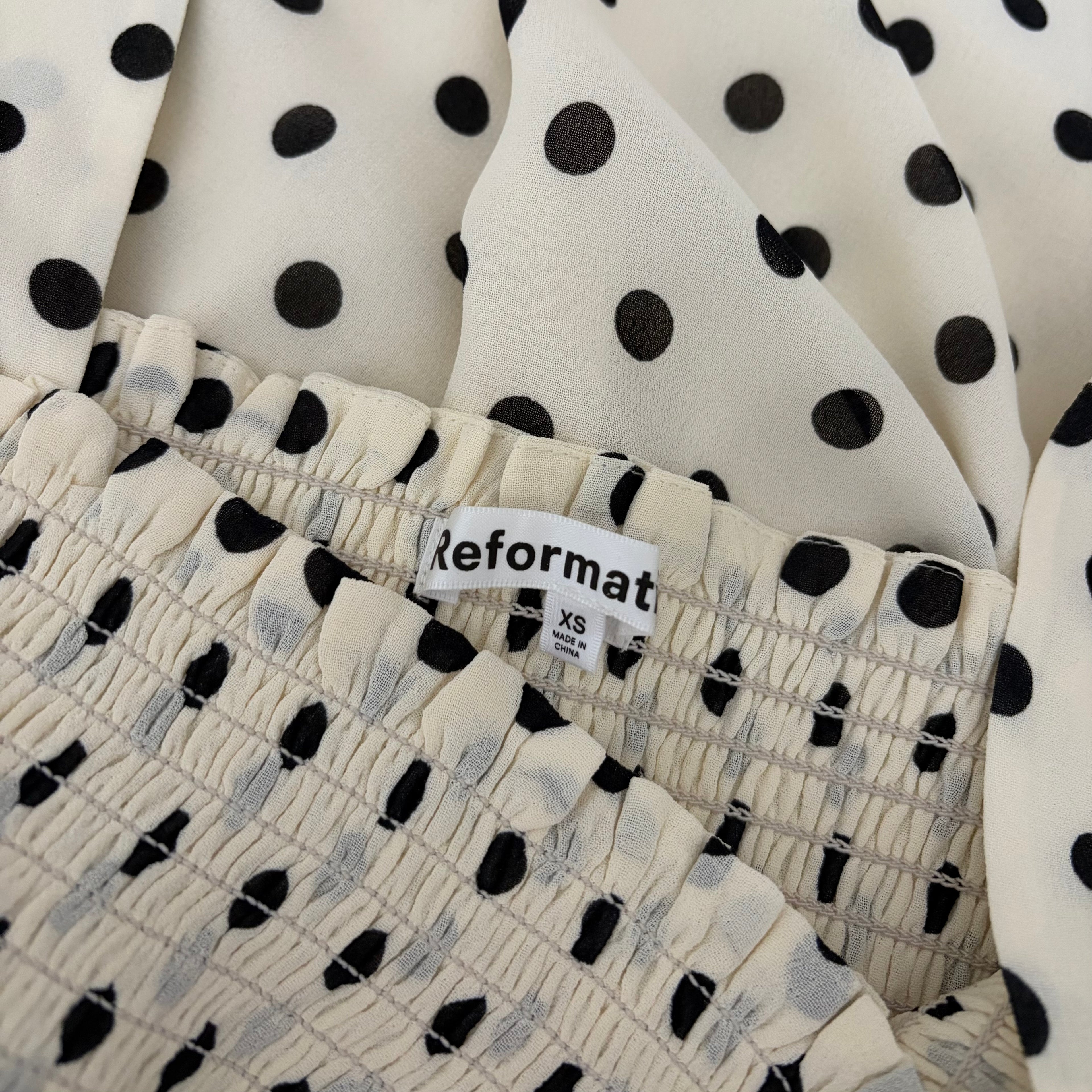 REFORMATION Zaria Dress Portofino Polka Dot Black White Smocked Mini Dress XS