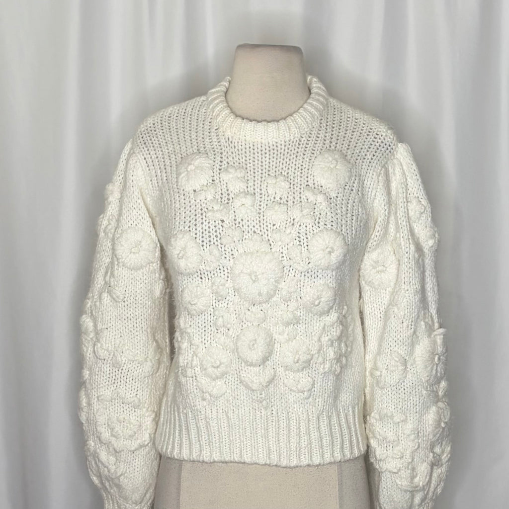ZARA White Floral Embroidered Puff Sleeve Knit Sweater Blogger Favorite Small