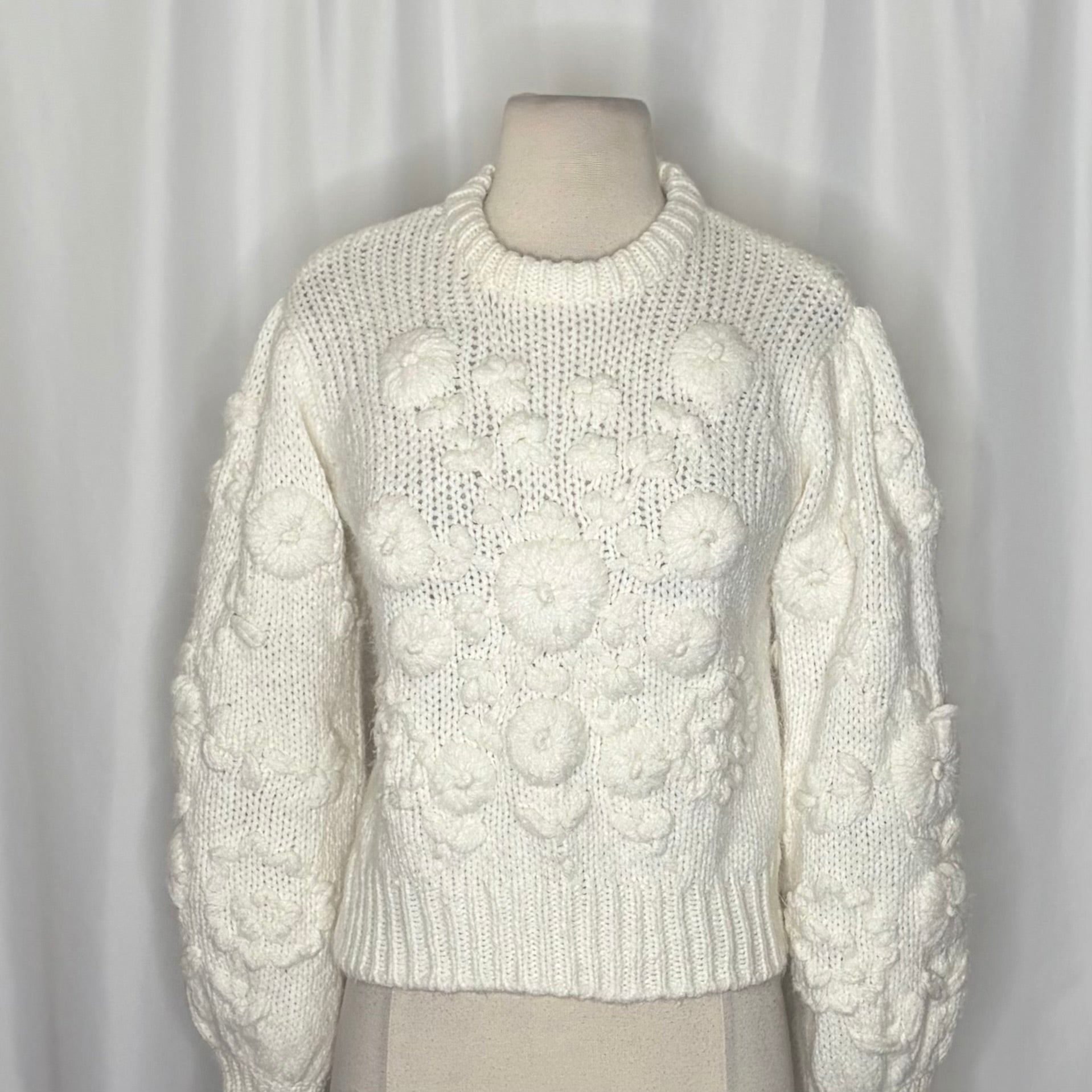ZARA White Floral Embroidered Puff Sleeve Knit Sweater Blogger Favorite Small