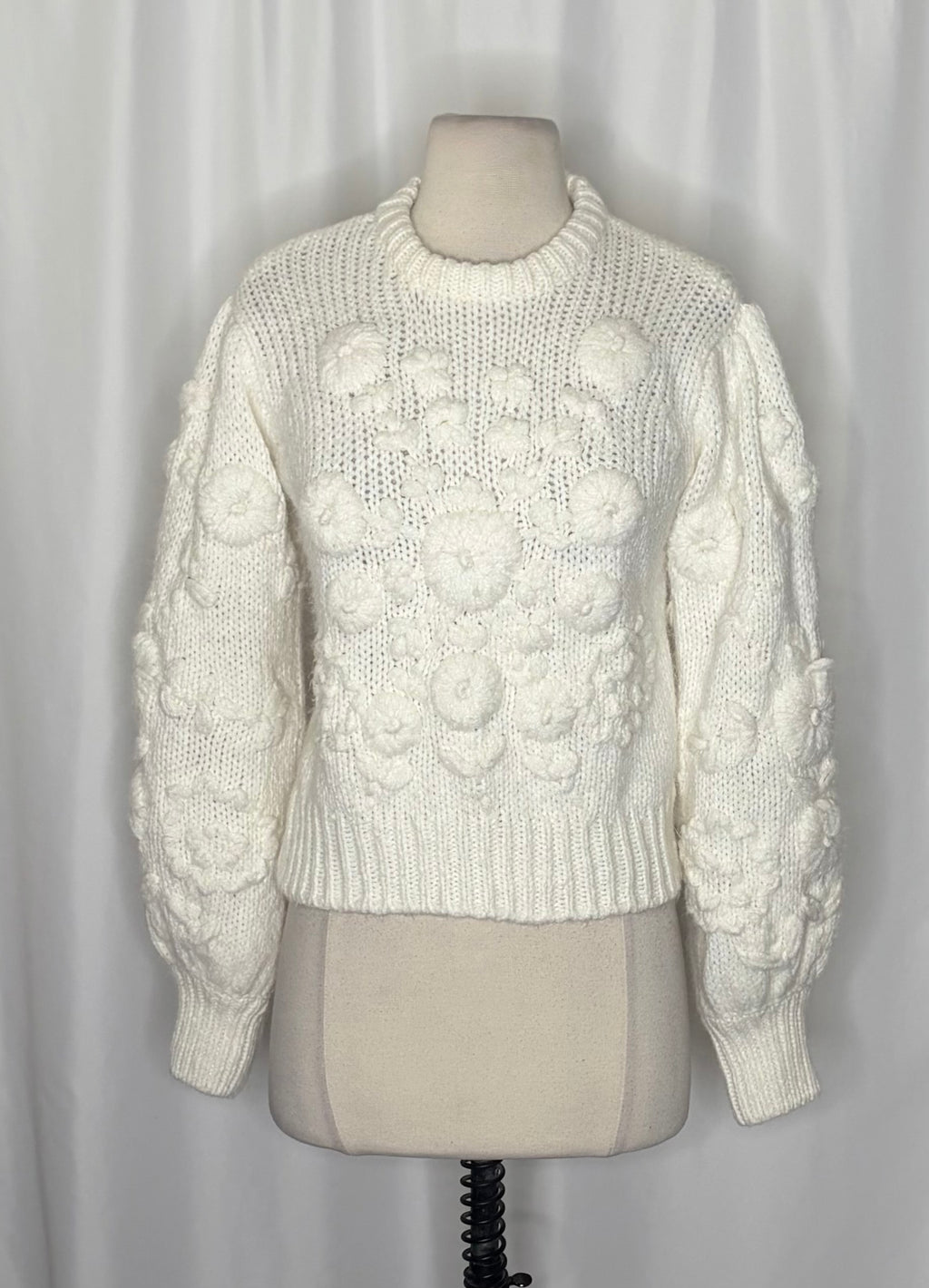 ZARA White Floral Embroidered Puff Sleeve Knit Sweater Blogger Favorite Small