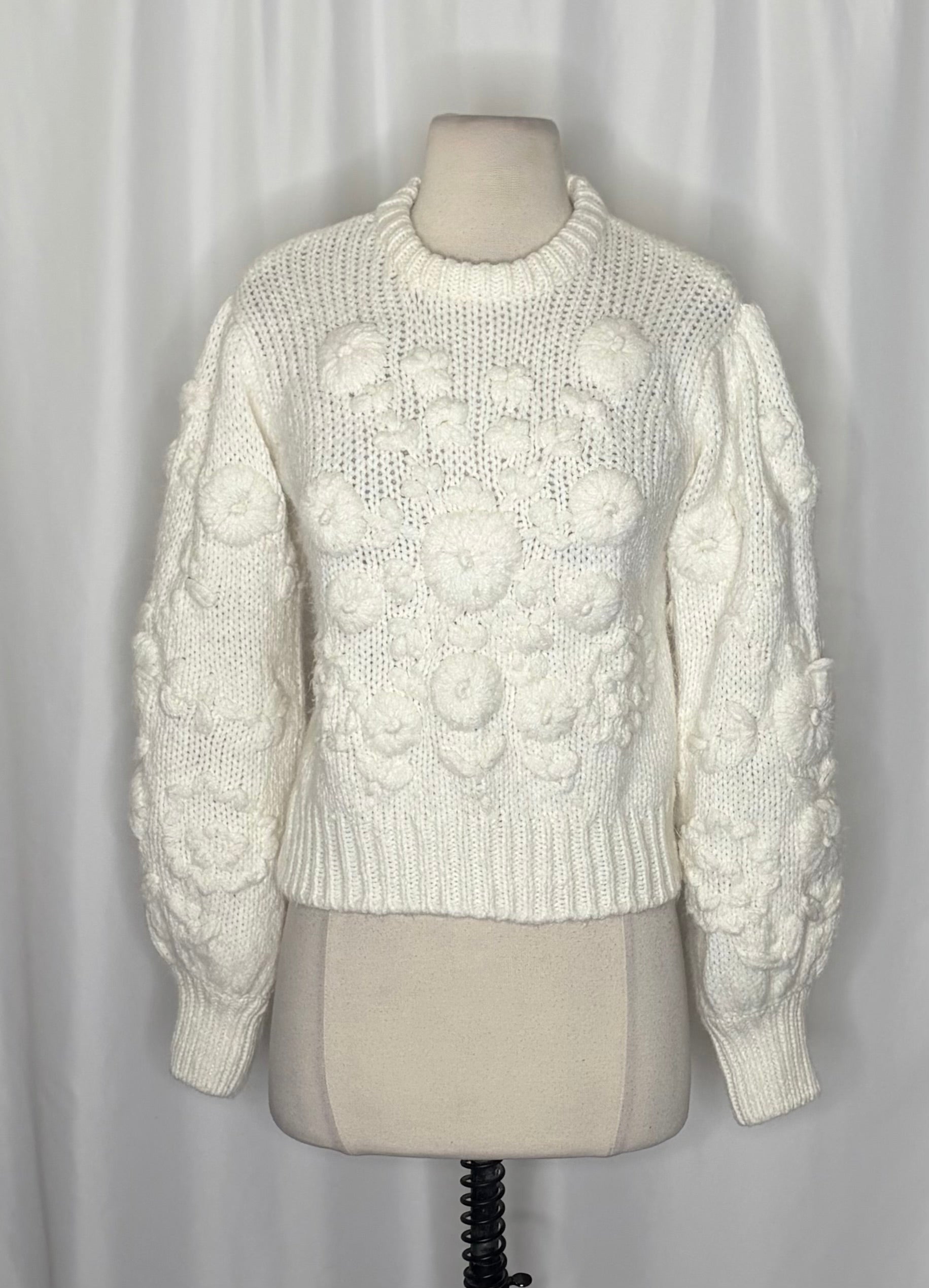 ZARA White Floral Embroidered Puff Sleeve Knit Sweater Blogger Favorite Small