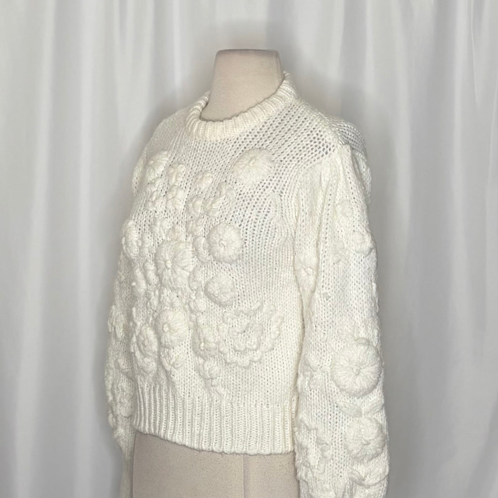 ZARA White Floral Embroidered Puff Sleeve Knit Sweater Blogger Favorite Small